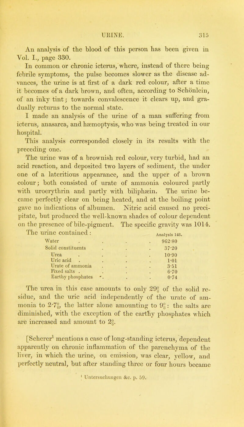 All analysis of the blood of this person has been given in Vol. I., page 330. In eommon or ehronie icterus/where, instead of there being febrile symptoms, the pulse becomes slower as the disease ad- vances, the urine is at first of a dark red colour, after a time it becomes of a dark brown, and often, according to Schonlein, of an inky tint; towards convalescence it clears up, and gra- dually returns to the normal state. I made an analysis of the urine of a man suffering from ictenis, anasarca, and haemoptysis, who was being treated in our hospital. This analysis corresponded closely in its results with the preceding one. The urine was of a brownish red colour, very turbid, had an acid reaction, and deposited two layers of sediment, the under one of a lateritious appearance, and the upper of a brown colour; both consisted of urate of ammonia coloured partly with uroerythrin and partly with hiliphsein. The urine be- came perfectly clear on being heated, and at the boiling point gave no indications of albumen. Nitric acid caused no preci- pitate, hut produced the well-known shades of colour dependent on the presence of bile-pigment. The specific gravity was 1014. The urine contained : Analysis i48. Water .... 962-80 Solid constituents . . . 37-20 Urea .... 10-90 Uric acid .... 1-01 Urate of ammonia . . . 3-51 Fixed salts .... 6-70 Earthy phosphates '. . . 0-74 The urea in this case amounts to only 292 of the solid re- sidue, and the uric acid independently of the urate of am- monia to 2'7§, the latter alone amounting to 9§: the salts are diminished, with the exception of the earthy phosphates which are increased and amount to 2§. [Schereri mentions a case of long-standing icterus, dependent apparently on chronic infiammation of the parenchyma of the liver, in which the urine, on emission, was clear, yellow, and perfectly neutral, but after standing three or four hours became