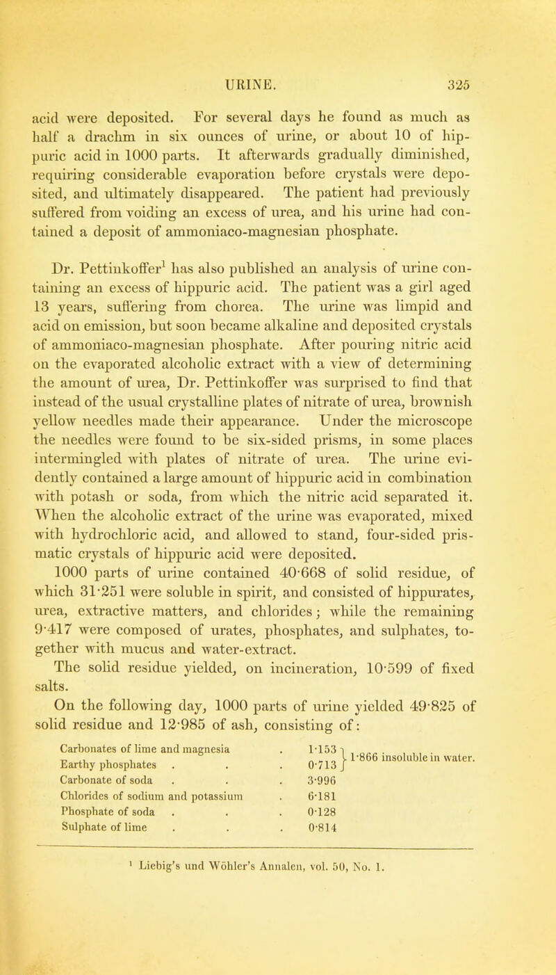 acid were deposited. For several days he found as much as lialf a drachm in six ounces of urine, or about 10 of hip- puric acid in 1000 parts. It afterwards gradually diminished, requiring eonsiderable evaporation before erystals were depo- sited, and ultimately disappeared. The patient had previously suffered from voiding an excess of urea, and his urine had con- tained a deposit of ammoniaco-magnesian phosphate. Dr. Pettiukoffer^ has also published an analysis of urine con- taining an excess of hippuric acid. The patient was a girl aged 13 years, suffering from chorea. The urine was limpid and acid on emission, but soon became alkaline and deposited crystals of ammoniaco-magnesian phosphate. After pouring nitric acid on the evaporated alcoholic extract with a view of determining the amount of ui’ea, Dr. Pettinkoffer was surprised to find that instead of the usual crystalline plates of nitrate of urea, brownish yellow needles made their appearance. Under the microscope the needles were found to be six-sided prisms, in some places intermingled with plates of nitrate of urea. The urine evi- dently contained a large amount of hippuric acid in combination with potash or soda, from Avhich the nitric acid separated it. When the alcoholic extract of the urine was evaporated, mixed with hydrochloric acid, and allowed to stand, four-sided pris- matic crystals of hippuric acid were deposited. 1000 parts of urine contained 40*668 of solid residue, of which 31‘251 were soluble in spirit, and consisted of hippurates, urea, extractive matters, and chlorides; while the remaining 9-417 were composed of urates, phosphates, and sulphates, to- gether with mucus and water-extract. The solid residue yielded, on incineration, 10-599 of fixed salts. On the following day, 1000 parts of urine yielded 49-825 of solid residue and 12-985 of ash, consisting of: Carbonates of lime and magnesia 1153 Earthy phosphates 0-713 Carbonate of soda 3-996 Chlorides of sodium and potassium 6-181 Phosphate of soda 0-128 Sulphate of lime 0-814 1-866 insoluble in water. ' Liebig’s und Wohler’s Annalen, vol. 50, No. 1.