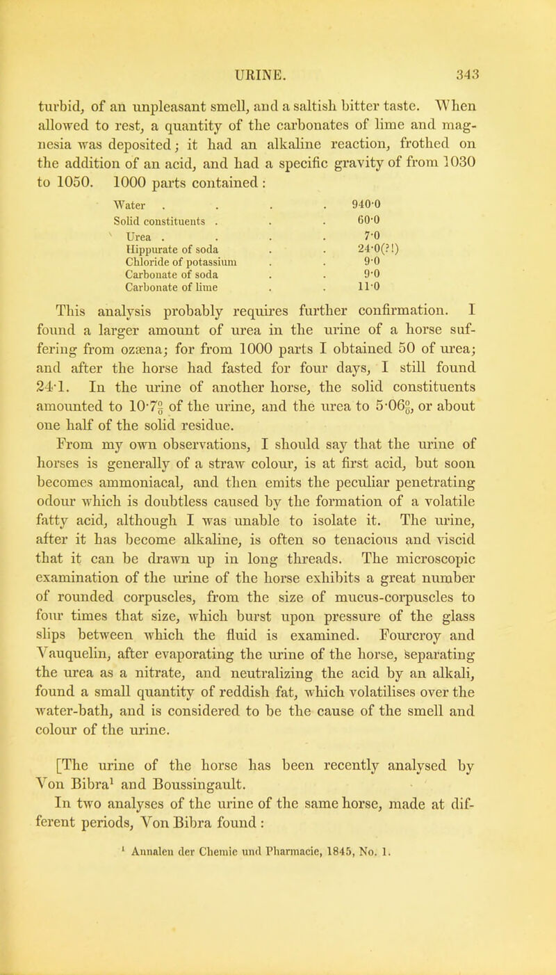 turbid, of an unpleasant smell, and a saltish bitter taste. When allowed to rest, a quantity of the carbonates of lime and mag- nesia Aras deposited; it had an alkaline reaction, frothed on the addition of an acid, and had a specific gravity of from 1030 to 1050. 1000 parts contained : Water .... 940 0 Solid constituents . . . OO’O Urea . . . . 7'0 Hippiu-ate of soda . . 24'0(?!) Chloride of potassium . . 9‘0 Carbonate of soda . . 9’0 Carbonate of lime . ll'O This analysis probably requires further confirmation. I found a larger amount of urea in the urine of a horse suf- fering from ozsena; for from 1000 parts I obtained 50 of urea; and after the horse had fasted for four days, I still found 24T. In the urine of another horse, the solid constituents amounted to 10-7g of the urine, and the urea to 5-062, or about one half of the solid residue. From my own observations, I should say that the urine of horses is generally of a straAv colour, is at first acid, but soon becomes ammoniacal, and then emits the peculiar penetrating odour which is doubtless caused by the formation of a Amlatile fatty acid, although I was unable to isolate it. The urine, after it has become alkaline, is often so tenacious and viscid that it can be drawn up in long threads. The microscopic examination of the mine of the horse exhibits a great number of rounded corpuscles, from the size of mucus-corpuscles to four times that size, Avhich burst upon pressure of the glass slips between which the fluid is examined. Fourcroy and Vauquelin, after evaporating the urine of the horse, Separating the mea as a nitrate, and neutralizing the acid by an alkali, found a small quantity of reddish fat, which volatilises over the Avater-bath, and is considered to be the cause of the smell and colour of the urine. [The urine of the horse has been recently analysed by Yon Bibra* and Boussingault. In tAvo analyses of the urine of the same horse, made at dif- ferent periods. Von Bibra found : ‘ Annnleu der Cbemic und Pbarmacie, 1845, No. 1.