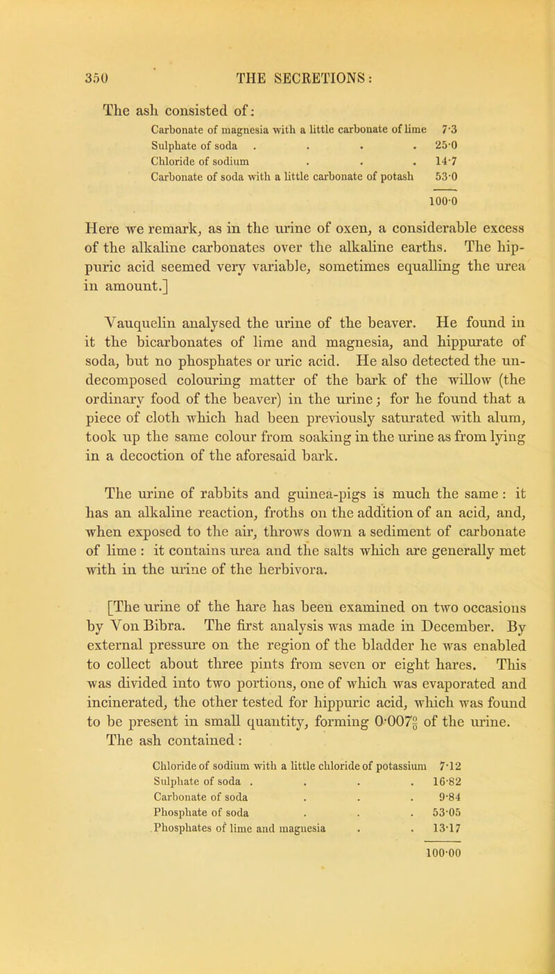The ash consisted of: Carbonate of magnesia with a little carbonate of lime 7-3 Sulphate of soda .... 25-0 Chloride of sodium . . .14-7 Carbonate of soda with a little carbonate of potash 53'0 100-0 Here we remark, as in the urine of oxen, a considerable excess of the alkaline carbonates over the alkaline earths. The hip- puric acid seemed very variable, sometimes equalling the urea in amount.] Vauquelin analysed the urine of the beaver. He found in it the bicarbonates of lime and magnesia, and hippurate of soda, but no phosphates or uric acid. He also detected the un- decomposed colouring matter of the bark of the willow (the ordinary food of the beaver) in the urine; for he found that a piece of cloth which had been previously saturated witb alum, took up the same colour from soaking in the urine as from lying in a decoction of the aforesaid bark. The urine of rabbits and guinea-pigs is much the same: it has an alkaline reaction, froths on the addition of an acid, and, when exposed to the air, throws down a sediment of carbonate of lime : it contains urea and the salts which are generally met with in the mine of the herhivora. [The urine of the hare has been examined on two occasions by VonBibra. The first analysis was made in December. By external pressure on the region of the bladder he was enabled to collect about three pints from seven or eight hares. This was divided into two portions, one of which was evaporated and incinerated, the other tested for hippuric acid, which was found to be present in small quantity, forming 0’0072 of the urine. The ash contained: Chloride of sodium with a little chloride of potassium 7-12 Sulphate of soda .... 16-82 Carbonate of soda . . . 9-84 Phosphate of soda . . . 53-0.') Phosphates of lime and magnesia . . 13-17 100-00