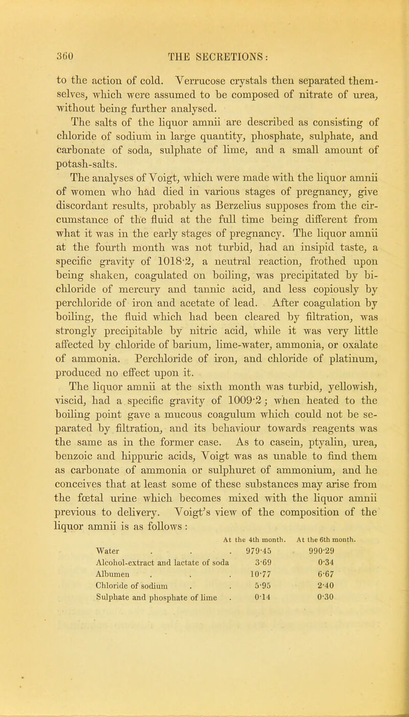 to tlie action of cold. Verrucose crystals then separated them- selvesj which were assumed to be composed of nitrate of urea, Avithout being further analysed. The salts of the hquor amnii are described as consisting of chloride of sodium in large quantity, phosphate, sulphate, and carbonate of soda, sulphate of lime, and a small amount of potash-salts. The analyses of Voigt, which were made with the hquor amnu of women who had died in various stages of pregnancy, give discordant results, probably as Berzehus supposes from the cir- cumstance of the fluid at the full time being different from what it was in the early stages of pregnancy. The liquor amnii at the fourth month was not turbid, had an insipid taste, a specific gravity of 1018'2, a neutral reaction, frothed upon being shaken, coagulated on boiling, was precipitated by bi- chloride of mercury and tannic acid, and less copiously by perchloride of iron and acetate of lead. After coagulation by boiling, the fluid which had been cleared by filtration, was strongly precipitable by nitric acid, while it was very httle affected by chloride of barium, lime-water, ammonia, or oxalate of ammonia. Perchloride of iron, and chloride of platinum, produced no effect upon it. The liquor amnu at the sixth month was turbid, yellowish, viscid, had a specific gravity of 1009'2; when heated to the boiling point gave a mucous coagulum which could not be se- parated by filtration, and its behavioxu towards reagents was the same as in the former case. As to casein, ptyalin, m’ea, benzoic and hippxuic acids, Voigt was as unable to find them as carbonate of ammonia or sulphuret of ammonium, and he conceives that at least some of these substances may arise from the foetal urine which becomes mixed with the liquor amnii previous to delivery. VoigPs view of the composition of the liquor amnii is as follows : At the 4th month. At tlie 6th month. Water 979-45 990-29 Alcohol-extract and lactate of soda 3-69 0-34 Albumen 10-77 6-67 Chloride of sodium 5-95 2-40 Sulphate and phosphate of lime 0-14 0-30