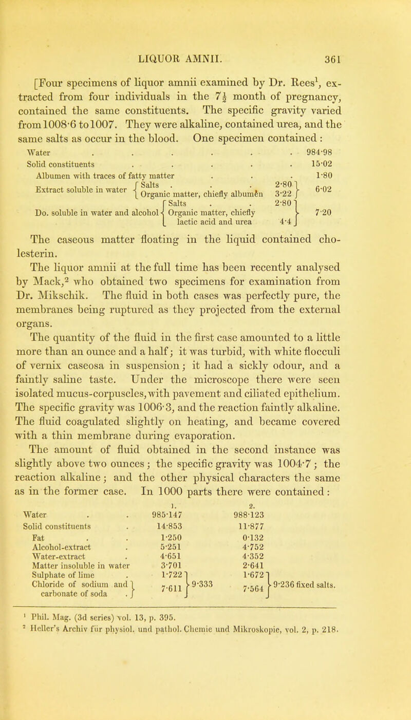[Fom* specimens of liquor amnii examined by Dr. Rees\ ex- tracted from four individuals in the month of pregnancy, contained the same constituents. The specific gravity varied from 1008'6 to 1007. They were alkaline, contained urea, and the same salts as occur in the blood. One specimen contained : Water ...... 984-98 Solid constituents ..... 15-02 Albumen with traces of fatty matter . . .1-80 Extract soluble in water { ofganic matter, chiefly albumSn 3-22} Do. soluble in water and alcohol-! Organic matter, chiefly V 7'20 l_ lactic acid and urea 4-4 J The caseous matter floating in the liquid contained cho- lesterin. The liquor amnii at the fuU time has been recently analysed by Mack,2 who obtained two specimens for examination from Dr. Mikschik. The fluid in both cases was perfectly pure, the membranes being ruptured as they projected from the external organs. The quantity of the fluid in the first case amounted to a little more than an ounce and a half j it was turbid, with white flocculi of vernix caseosa in suspension; it had a sickly odour, and a faintly saline taste. Under the microscope there were seen isolated mucus-corpuscles, with pavement and ciliated epithelium. The specific gravity was 1006-3, and the reaction faintly alkaline. The fluid coagulated slightly on heating, and became covered with a thin membrane during evaporation. The amount of fluid obtained in the second instance was slightly above two ounces ; the specific gravity was 1004-7 ; the reaction alkaline; and the other physical characters the same as in the former case. In 1000 parts there were contained: Water Solid constituents Fat Alcohol-extract Water-extract Matter insoluble in water Sulphate of lime Chloride of sodium and carbonate of soda ]. 2. 985-147 988-123 14-853 11-877 1-250 0-132 5-251 4-752 4-651 4-352 3-701 2-641 1-722 I 1-672 7.6ii|9’333 7-564 } 9-236 fixed salts. ' Phil. Mag. (3d series) vol. 13, p. 395. ’ Heller’s Archiv fiir physiol, und pathol. Chemie und Mikroskopie, vol. 2, p. 218.