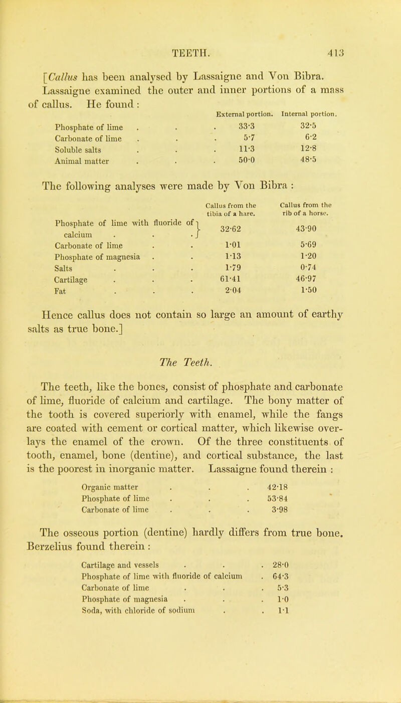 TEETH. 4i;} {^Callus has been analysed by Lassaigne and Von Bibra. Lassaigtie examined the outer and inner portions of a mass of callus. He found ; External portion. Internal portion. Phosphate of lime 33-3 32-5 Carbonate of lime 5-7 6-2 Soluble salts 11-3 12-8 Animal matter 50-0 48-5 The following analyses were made by Von Bibra : Callus from the Callus from the tibia of a hare. rib of a horse. Phosphate of hme with fluoride of 1 [ 32-62 43-90 calcium Carbonate of lime 1-01 5-69 Phosphate of magnesia 1-13 1-20 Salts 1-79 0-74 Cartilage 61-41 46-97 Fat 2-04 1-50 Hence callus does not contain so large an amount of earth}'- salts as true bone.] The Teeth. The teeth, hke the bones, consist of phosphate and cai’bonate of lime, fluoride of calcium and cartilage. The bony matter of the tooth is covered superiorly with enamel, while the fangs are coated with cement or cortical matter, which likewise over- lays the enamel of the crown. Of the three constituents of tooth, enamel, bone (dentine), and cortical substance, the last is the poorest in inorganic matter. Lassaigne found therein : Organic matter . . . 42-18 Phosphate of lime . . . 53'84 Carbonate of lime . . . 3‘98 Tlie osseous portion (dentine) hardly difliers from true bone. Berzelius found therein: Cartilage and vessels . . . 28-0 Phosphate of lime with fl\ioride of calcium . 64-3 Carbonate of lime . . . 5-3 Phosphate of magnesia . . .1-0 Soda, with chloride of sodium . .1-1