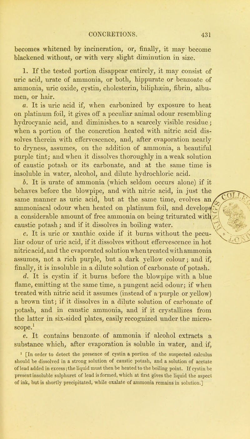 becomes whitened by incineration, or, finally, it may become blackened without, or Avith very slight diminution in size. 1. If the tested portion disappear entirely, it may consist of uric acid, urate of ammonia, or both, hippurate or benzoate of ammonia, uric oxide, cystin, cholesterin, biliphsein, fibrin, albu- men, or hair. a. It is uric acid if, Avhen carbonized by exposure to heat on platinum foil, it gives off a peculiar animal odour resembling hydrocyanic acid, and diminishes, to a scarcely visible residue; when a portion of the concretion heated with nitric acid dis- solves therein Avith efFexwescence, and, after evaporation nearly to drjmess, assumes, on the addition of ammonia, a beautiful purple tint; and when it dissolves thoroughly in a weak solution of caustic potash or its carbonate, and at the same time is insoluble in water, alcohol, and dilute hydrochloric acid. h. It is urate of ammonia (which seldom occurs alone) if it behaves before the blowpipe, and with nitric acid, in just the same manner as uric acid, but at the same time, evolves an ammoniacal odour when heated on platinum foil, and develop^£^‘ a considerable amount of free ammonia on being triturated witH';^ caustic potash; and if it dissolves in boiling water. ' c. It is lu’ic or xanthic oxide if it burns without the pecu- \ liar odour of uric acid, if it dissolves without efiPervescence in hot nitric acid, and the evaporated solution when treated with ammonia assumes, not a rich purple, but a dark yellow colour; and if, finally, it is insoluble in a dilute solution of carbonate of potash. d. It is cystin if it burns before the blowpipe with a blue flame, emitting at the same time, a pungent acid odour; if when treated with nitric acid it assumes (instead of a purple or yellow) a brown tint; if it dissolves in a dilute solution of carbonate of potash, and in caustic ammonia, and if it crystalhzes from the latter in six-sided plates, easHy recognized under the micro- scope.' e. It contains benzoate of ammonia if alcohol extracts a substance which, after evaporation is soluble in water, and if. ' [In order to detect the presence of cystin a portion of the suspected calculus should be dissolved in a strong solution of caustic potash, and a solution of acetate of lead added in excess; the liquid must then be heated to the boiling point. If cystin be present insoluble sulphuret of lead is formed, which at first gives the liquid the aspect of ink, but is shortly precipitated, while oxalate of ammonia remains in solution.]