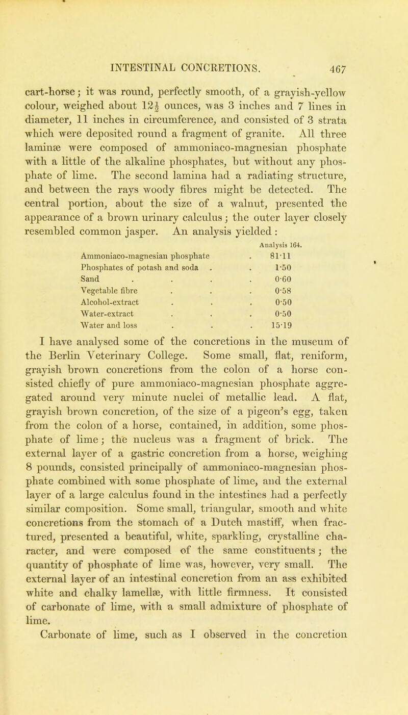 cart-horse; it was rounds perfectly smooth, of a grayish-yellow colour, weighed about 12| ounces, was 3 inches and 7 lines in diameter, 11 inches in circumference, and consisted of 3 strata which were deposited round a fragment of granite. All three laminje were composed of ammoniaco-magnesian phosphate with a little of the alkaline phosphates, hut without any phos- phate of lime. The second lamina had a radiating structure, and between the rays woody fibres might be detected. The central portion, about the size of a walnut, presented the appearance of a brown urinary calculus •, the outer layer closely resembled common jasper. An analysis yielded : Ammoniaco-magnesian phosphate Analysis 164. 8111 Phosphates of potash and soda 1-50 Sand 0-60 Vegetable fibre 0-58 Alcohol-extract 0-50 Water-extract 050 Water and loss 15-19 I have analysed some of the concretions in the museum of the Berlin Veterinary College. Some small, flat, reniform, grayish brown concretions from the colon of a horse con- sisted chiefly of pure ammoniaco-magnesian phosphate aggre- gated around very minute nuclei of metallic lead. A flat, grayish brown concretion, of the size of a pigeon^s egg, taken from the colon of a horse, contained, in addition, some phos- phate of lime; the nucleus was a fragment of brick. The external layer of a gastric concretion from a horse, weighing 8 pounds, consisted principally of ammoniaco-magnesian phos- phate combined with some phosphate of lime, and the external layer of a large calculus found in the intestines had a perfectly similar composition. Some small, triangular, smooth and Avhite concretions from the stomach of a Dutch mastiff, when frac- tured, presented a beautiful, white, sparkling, crystalline cha- racter, and were composed of the same constituents; the quantity of phosphate of lime was, however, very small. The external layer of an intestinal conci’etion from an ass exhibited white and chalky lamellse, with little firmness. It consisted of carbonate of lime, ^vith a small admixture of phosphate of lime. Carbonate of lime, such as I observed in the concretion