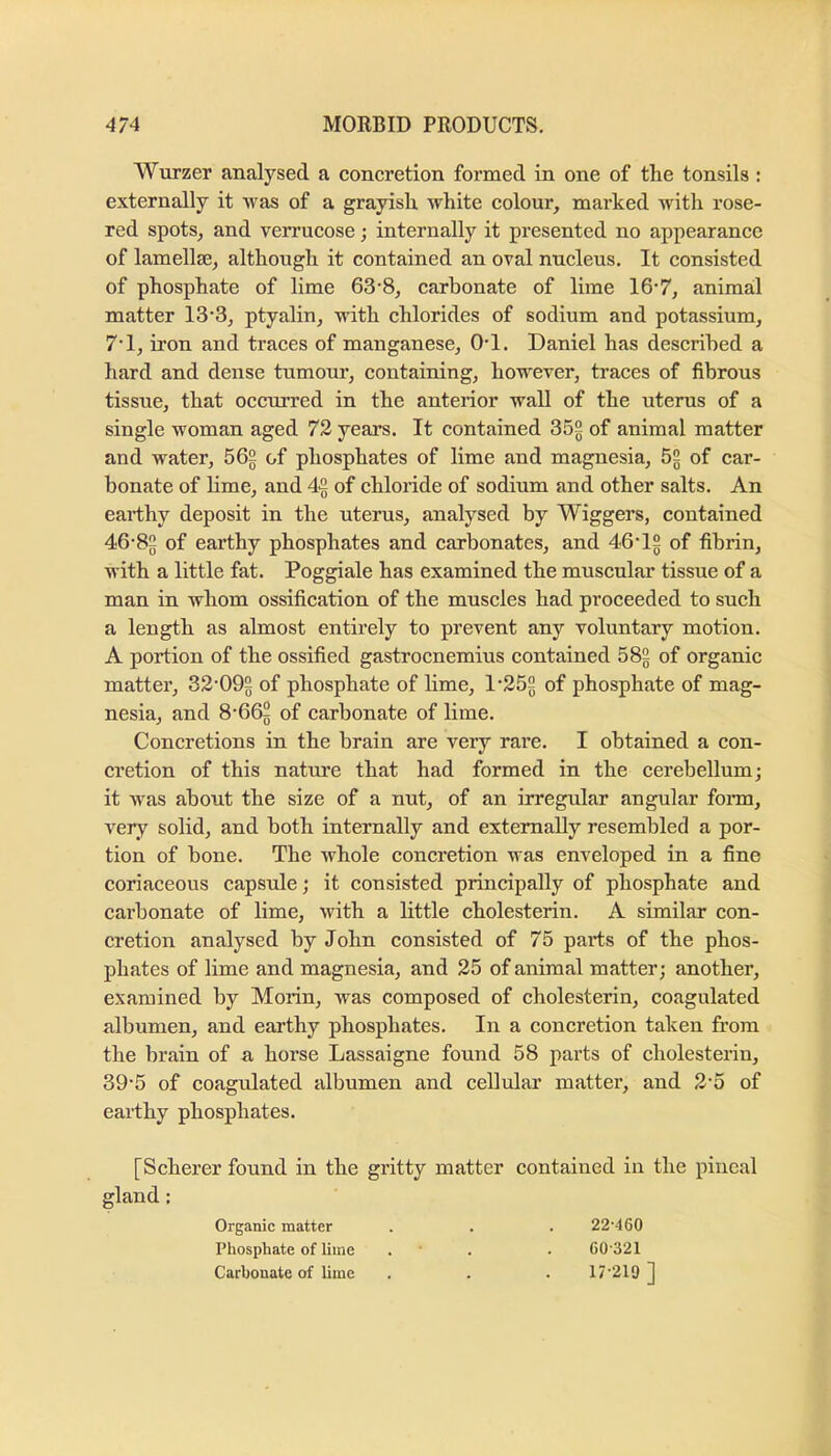 Wurzer analysed a concretion formed in one of the tonsils : externally it was of a grayish white colour, marked with rose- red spots, and verrucose; internally it presented no appearance of lamellcE, although it contained an oval nucleus. It consisted of phosphate of lime 63-8, carbonate of lime 16‘7, animal matter 13’3, ptyalin, with chlorides of sodium and potassium, 7'1, iron and traces of manganese, O'l. Daniel has described a hard and dense tumour, containing, however, traces of fibrous tissue, that occurred in the anterior wall of the uterus of a single woman aged 72 years. It contained 35§ of animal matter and water, 56§ of phosphates of lime and magnesia, 52 of car- bonate of lime, and 42 of chloride of sodium and other salts. An earthy deposit in the uterus, analysed by Wiggers, contained 46-82 of earthy phosphates and carbonates, and 46-12 of fibrin, with a little fat. Poggiale has examined the muscular tissue of a man in whom ossification of the muscles had proceeded to such a length as almost entirely to prevent any voluntary motion. A portion of the ossified gastrocnemius contained 582 of organic matter, 32-002 of phosphate of hme, 1-252 of phosphate of mag- nesia, and 8-665 of carbonate of lime. Concretions in the brain are very rare. I obtained a con- cretion of this nature that had formed in the cerebellum; it was about the size of a nut, of an irregular angular form, very solid, and both internally and externally resembled a por- tion of bone. The whole concretion was enveloped in a fine coriaceous capsule; it consisted principally of phosphate and carbonate of lime, with a little cholesterin. A similar con- cretion analysed by John consisted of 75 parts of the phos- phates of lime and magnesia, and 25 of animal matter; another, examined by Morin, was composed of cholesterin, coagulated albumen, and earthy phosphates. In a concretion taken from the brain of a horse Lassaigne found 58 parts of cholesterin, 39-5 of coagulated albumen and cellular matter, and 2-5 of earthy phosphates. [Scherer found in the gritty matter contained in the pineal gland: Organic matter Phosphate of lime Carbonate of lime 22-460 CO-321 17-219 ]
