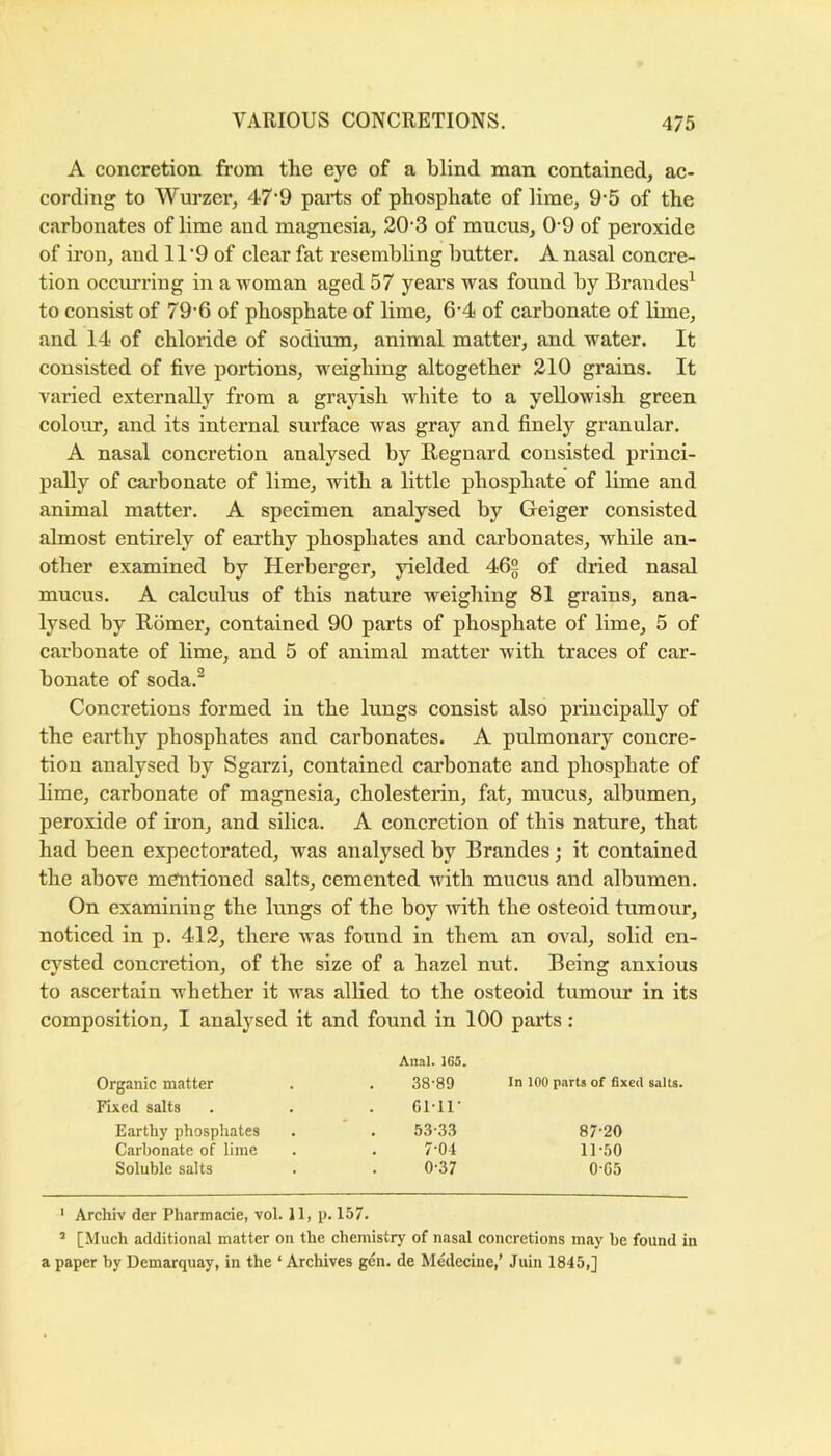 A concretion from the eye of a blind man contained, ac- cording to Wurzer, 47*9 parts of phosphate of lime, 9’5 of the csirbonates of lime and magnesia, 20’3 of mucus, 0 9 of peroxide of iron, and 11'9 of clear fat resembling butter. A nasal concre- tion occurring in a woman aged 57 years was found by Braudes^ to consist of 79‘6 of phosphate of lime, 6'4 of carbonate of lime, and 14 of chloride of sodium, animal matter, and water. It consisted of five portions, weighing altogether 210 grains. It varied externally from a grayish white to a yellowish green coloim, and its internal surface was gray and finely granular. A nasal concretion analysed by Regnard consisted princi- pally of carbonate of lime, with a little phosphate of lime and animal matter. A specimen analysed by Geiger consisted almost entirely of earthy phosphates and carbonates, while an- other examined by Herberger, yielded 465 of dried nasal mucus. A calculus of this nature weighing 81 grains, ana- lysed by Rbmer, contained 90 parts of phosphate of lime, 5 of carbonate of lime, and 5 of animal matter with traces of car- bonate of soda.^ Concretions formed in the lungs consist also principally of the earthy phosphates and carbonates. A pulmonary concre- tion analysed by Sgarzi, contained carbonate and phosphate of lime, carbonate of magnesia, cholesterin, fat, mucus, albumen, peroxide of iron, and silica. A concretion of this nature, that had been expectorated, was analysed by Brandes; it contained the above mentioned salts, cemented with mucus and albumen. On examining the lungs of the boy with the osteoid tumour, noticed in p. 412, there was found in them an oval, solid en- cysted concretion, of the size of a hazel nut. Being anxious to ascertain whether it was allied to the osteoid tumour in its composition, I analj^sed it and found in 100 Anal. 1G5. parts: Organic matter Fixed salts 38-89 Gi-ir In 100 parts of fixed salts. Earthy phosphates 53-33 87-20 Carbonate of lime 7-04 11-50 Soluble salts 0-37 0-G5 ' Archiv der Pharmacie, vol. 11, p. 157. ’ [Much additional matter on the chemistry of nasal concretions may be found in a paper by Demarquay, in the ‘Archives gen. de Medccine,’ Jiiin 1845,]