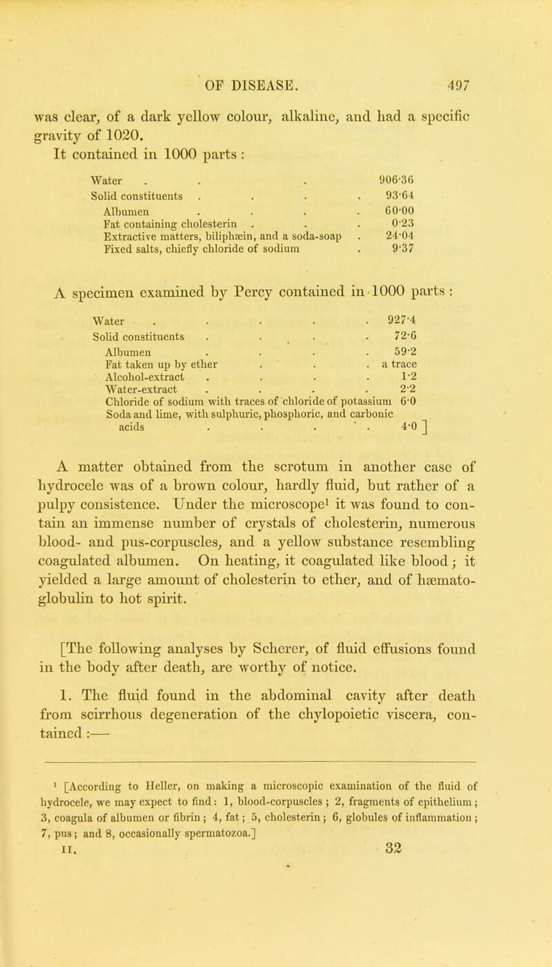 was clear, of a dark yellow colour, alkaline, and liad a specific gravity of 1020. It contained in 1000 parts : Water . . . 906'36 Solid constituents .... 93'6-t Albumen .... GO'OO Fat containing cliolesterin . . . 0-23 Extractive matters, biliphaein, and a soda-soap . 24-04 Fixed salts, chiefly chloride of sodium . 9'37 A specimen examined by Percy Water ..... 927'4 Solid constituents . . _ . . 72-6 Albumen .... 59'2 Fat taken up by ether . . .a trace Alcohol-extract . . . .1-2 Water-extract .... Chloride of sodium with traces of chloride of potassium Soda and lime, with sulphuric, phosphoric, and carbonic acids . . . ' . 2-2 6-0 4-0 ] A matter obtained from tbe scrotum in another case of hydrocele was of a brown colour, hardly fluid, but rather of a pulpy consistence. Under the microscope* it was found to con- tain an immense number of crystals of cliolesterin, numerous blood- and pus-corpuscles, and a yellow substance resembling coagulated albumen. On heating, it coagulated like blood; it yielded a lai’ge amount of cliolesterin to ether, and of hsemato- globulin to hot spii’it. [The following analyses by Scherer, of fluid effusions found in the body after death, are worthy of notice. 1. The fluid found in the abdominal cavity after death from scirrhous degeneration of the chylopoietic viscera, con- tained :— * [According to Heller, on making a microscopic examination of the fluid of hydrocele, we may expect to find: 1, blood-corpuscles ; 2, fragments of epithelium ; 3, coagula of albumen or fibrin; 4, fat; 3, cliolesterin; 6, globules of inflammation ; 7, pus; and 8, occasionally spermatozoa.] II. 32