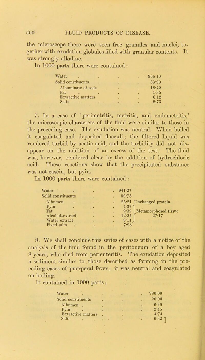 the microscope there were seen free granules and nucleij to- gether Avith exudation globules filled with granular contents. It was strongly alkahne. In 1000 parts there were contained: Water 9G6-10 Solid constituents 33-90 Albuminate of soda 18-72 Fat 1-35 Extractive matters 6-12 Salts , , 8-73 7. In a case of ‘ perimetritis^ metritis^ and endometritis/ the microscopic characters of the fluid were similar to those in the preceding case. The exudation was neutral. When boiled it coagulated and deposited flocculi; the filtered hquid was rendered turbid by acetic acid, and the turbidity did not dis- appear on the addition of an excess of the test. The fluid was, however, rendered clear by the addition of hydrochloric acid. These reactions show that the precipitated substance was not casein, but pyin. In 1000 parts there were contained : Water Solid constituents 941-27 58-73 Albumen Pyin Fat Alcohol-extract Water-extract Fixed salts 25-21 Unchanged protein 4-37'| 2-32 I Metamorphosed tissue 12-27 f 27-17 8-11J 7-93 8. We shall conclude this series of cases with a notice of the analysis of the fluid found in the peritoneum of a boy aged 8 years, who died from perienteritis. The exudation deposited a sediment similar to those described as forming in the pre- ceding cases of puerperal fever; it was neutral and coagulated on boiling. It contained in 1000 parts ; Water . 980-00 Solid constituents 20-00 Albumen . 6-49 Pyin 2-45 Extractive matters . 4-74 Salts . . 6-32