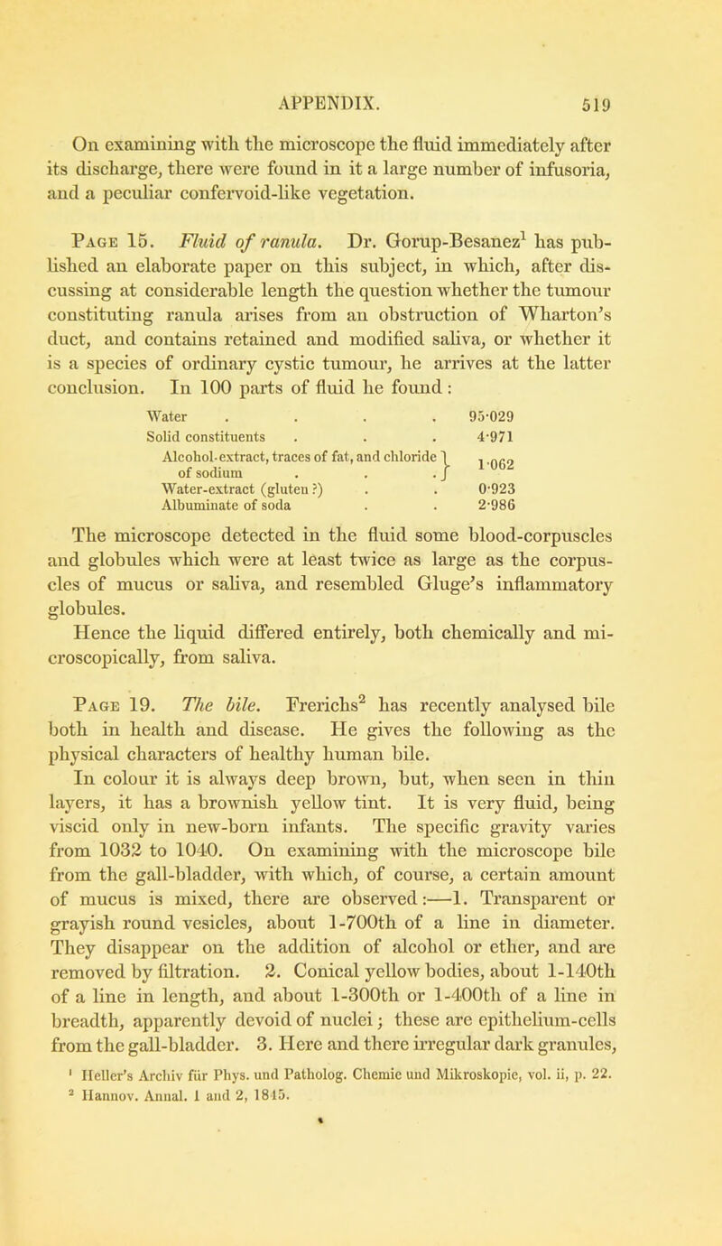 On examining witli the microscope the fluid immediately after its dischai’ge^ there were found in it a large number of infusoria, and a peculiar confeiwcid-hke vegetation. Page 15. Fluid of ranula. Dr. Gorup-Besanez^ has pub- lished an elaborate paper on this subject, in which, after dis- cussing at considerable length the question whether the tumour constituting ranula arises from an obstruction of Wharton's duct, and contains retained and modified saliva, or whether it is a species of ordinary cystic tumour, he arrives at the latter conchision. In 100 parts of fluid he found : Water .... 95-029 Solid constituents . . . 4-971 Alcohol-extract, traces of fat, and chloride I ^ ,Qg2 of sodium . . . J Water-extract (gluten ?) . . 0-923 Albuminate of soda . . 2-986 The microscope detected in the fluid some blood-corpuscles and globules which were at least twice as large as the corpus- cles of mucus or saliva, and resembled Gluge's inflammatory globules. Hence the liquid differed entirely, both chemically and mi- croscopically, from saliva. Page 19. The bile. Prerichs’^ has recently analysed bile both in health and disease. He gives the following as the physical characters of healthy human bile. In colour it is always deep brown, but, when seen in thin layers, it has a brownish yellow tint. It is very fluid, being viscid only in new-born infants. The specific gravity varies from 1032 to 1040. On examining with the microscope bile from the gall-bladder, with which, of course, a certain amount of mucus is mixed, there are observed:—1. Transparent or grayish round vesicles, about 1-700th of a line in diameter. They disappear on the addition of alcohol or ether, and are removed by filtration. 2. Conical yellow bodies, about l-140th of a line in length, and about l-300th or 1-400th of a line in breadth, apparently devoid of nuclei; these are epithelium-cells from the gall-bladder. 3. Here and there ii’regular dark granules, ' Heller’s Archiv fur Phys. und Patholog. Chemie uiid Mikroskopie, vol. ii, p. 22. “ Ilaiinov. Anual. 1 and 2, 1815.