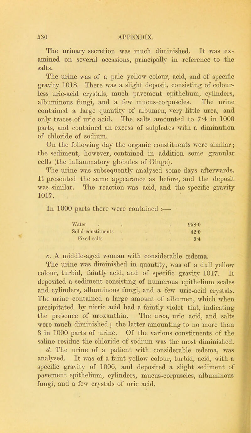 The urinary secretion was much diminished. It was ex- amined on several occasions, principally in reference to the salts. The urine was of a pale yellow colour, acid, and of specific gravity 1018. There was a slight deposit, consisting of colour- less urie-acid crystals, much pavement epithelium, cylinders, albuminous fungi, and a few mucus-corpuscles. The urine contained a large quantity of albumen, very little urea, and only traces of uric acid. The salts amounted to 7*4 in 1000 parts, and contained an excess of sulphates with a diminution of chloride of sodium. On the following day the organic constituents were similar; the sediment, however, contained in addition some granular cells (the inflammatory globules of Gluge). The urine was subsequently analysed some days afterwards. It presented the same appearance as before, and the deposit was similar. The reaction was acid, and the specific gravity 1017. In 1000 parts there were contained :— Water .... 958'0 Solid constituents . . . 42'0 Fixed salts ... 9-4 c. A middle-aged woman with considerable oedema. The urine was diminished in quantity, was of a dull yellow colour, turbid, faintly acid, and of specific gravity 1017. It deposited a sediment consisting of numerous epithelium scales and cylinders, albuminous fungi, and a few ui’ic-acid crystals. The m'ine contained a large amount of albumen, which when precipitated by nitric acid had a faintly violet tint, indicating the presence of uroxanthin. The urea, uric acid, and salts were much diminished; the latter amounting to no more than 3 in 1000 parts of urine. Of the various constituents of the sahne residue the chloride of sodium was the most diminished. d. The urine of a patient with considerable oedema, was analysed. It was of a faint yeUow colour, turbid, acid, with a specific gravity of 1006, and deposited a shght sediment of pavement epithehum, cylinders, mucus-corpuscles, albuminous fungi, and a few crystals of uric acid.