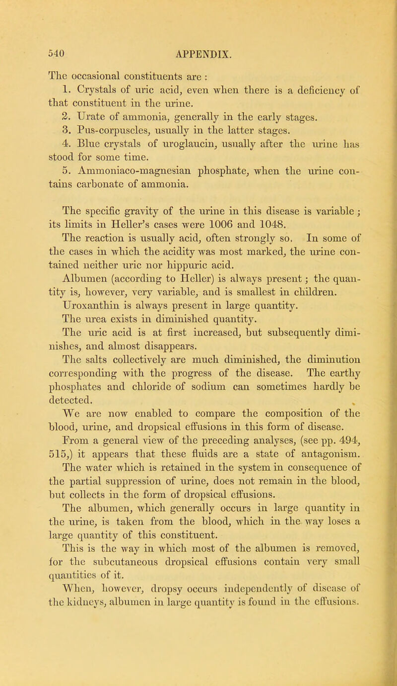 Tlie occasional constituents are : 1. Crystals of uric acid, even when there is a deficiency of that constituent in the mine. 2. Urate of ammonia, generally in the early stages. 3. Pus-corpuscles, usually in the latter stages. 4. Blue crystals of uroglaucin, usually after the urine has stood for some time. 5. Ammoniaco-magnesian phosphate, when the urine con- tains carbonate of ammonia. The specific gravity of the urine in this disease is variable; its limits in Heller’s cases were 1006 and 1048. The reaction is usually acid, often strongly so. In some of the cases in which the acidity was most marked, the urine con- tained neither uric nor hippuric acid. Albumen (according to Heller) is always present; the quan- tity is, however, very variable, and is smallest in children. Uroxanthin is always present in large quantity. The urea exists in diminished quantity. The uric acid is at first increased, hut subsequently dimi- nishes, and almost disappears. The salts collectively are much diminished, the diminution corresponding with the progress of the disease. The earthy phosphates and chloride of sodium can sometimes hardly he detected. We are now enabled to compare the composition of the blood, urine, and dropsical eflFusions in this form of disease. From a general view of the preceding analyses, (see pp. 494, 515,) it appears that these fluids are a state of antagonism. The water which is retained in the system in consequence of the partial suppression of urine, does not remain in the blood, but collects in the form of dropsical effusions. The albumen, which generally occurs in large quantity in the urine, is taken from the blood, which in the way loses a large quantity of this constituent. This is the way in which most of the albumen is removed, for the subcutaneous dropsical effusions contain very small quantities of it. When, however, dropsy occurs independently of disease of the kidneys, albumen in large quantity is found in the effusions.
