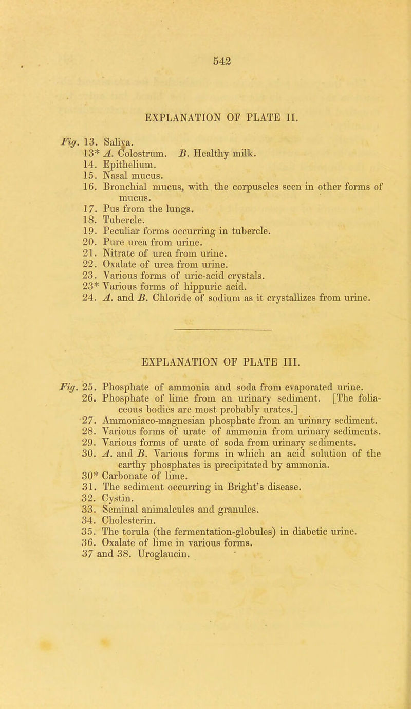 EXPLANATION OF PLATE II, Fig. 13. Saliia. 13* A. Colostrum. B. Healthy milk. 14. Epithelium. 15. Nasal mucus. 16. Bronchial mucus, with the corpuscles seen in other forms of mucus. 17. Pus from the lungs. 18. Tubercle. 19. Peculiar forms occurring in tubercle. 20. Pure urea from urine, 21. Nitrate of urea from urine. 22. Oxalate of urea from urine. 23. Various forms of uric-acid crystals. 23* Various forms of hippuric acid. 24. A. and B. Chloride of sodium as it crystallizes from mine. EXPLANATION OF PLATE III. Fig. 25. Phosphate of ammonia and soda from evaporated urine. 26. Phosphate of hme from an urinary sediment. [The folia- ceous bodies are most probably urates.] 27. Ammoniaco-magnesian phosphate from an minary sediment. 28. Various forms of urate of ammonia from urinary sediments. 29. Various forms of urate of soda from urinary sediments. 30. A. and B. Various forms in which an acid solution of the earthy phosphates is precipitated by ammonia. 30* Carbonate of lime. 31. The sediment occm'ring in Bright’s disease. 32. Cystin. 33. Seminal animalcules and granules. 34. Cholesterin. 35. The torula (the fermentation-globules) in diabetic urine. 36. Oxalate of lime in various forms. 37 and 38. Uroglaucin.