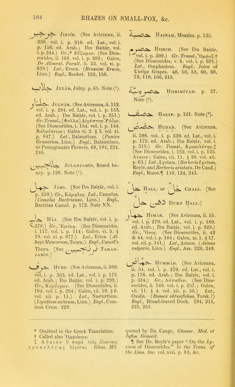 JnuiR. (See Avicenna, ii. 230. vol. i. p. 310. ed. Lat., vol. i. p. 156. ed. Arab.; Ibn Baitdr, vol. i. p. 244.) Gr.,* BvZ,(t)nov. (See Dios- corides, ii. 169. vol. i. p. 282; Galen, De Aliment. Facult. ii. 53. vol. vi. p. 639.) Lat., Eruca. (Brassioa Eruca, Linn.) Engl., Rocket. 152, 156. «» 'S Ha.sbah, Measles, p. 135. AHi?rim. (See Ibn Baitar, ' vol. i. p. 309.) Gr. Transl.i'Ofupai..^ (See Dioscorides, v. 6. vol. i. p. 691.) Lat., Omphacium. Engl., Juice of Unripe Grapes. 48, 50, 52, 60, 68, 72, 110, 166, 215. JuL.vB, Julep, p. 65. Note ('). Juln.Ir. (See Avicenna, ii. 112. vol. i. p. 284. ed. Lat., vol. i. p. 153. ed. Arab.; Ibn Baitar, vol. i. p. 251.) Gr.Transl., [<I>uXXa] AlyVTrrov'Vodov. (See Dioscorides, i. 154. vol. i. p. 144. BaXaucTTtov; Galen vi. 2. § 3. vol. xi. p. 847.) Lat., Balaustium. (Punica Granatum, Linn.) Engl., Balaustines, or Pomegranate Flowers. 68,184, 224, 246. JuLANJABiN, Rosed ho- ney. p, 128. Note ('). i, O’ ^ Hisrimiyah. p. 37. Note (''). L 6 Hasaf. p. 121. Note(®). • * Hudad. (See Avicenna, ii. 398. vol. i. p. 339. ed. Lat., vol. i. p. 172. ed. Arab.; Ibn Baitar, vol. i. p. 311.) Gr. Transl., KpoKoXvrrig.X (See Dioscorides, i. 132. vol. i. p. 125. Avkiov, Galen, vii. 11. § 20. vol. xii. p. 63.) Za<.,Lycium. {BerherisLycium, Royle, a.t\A.Berberis aristata, De Cand.) Engl., Rusot.^ 110, 124, 243. Jaml. (See Ibn Baitar, vol. i. p. 259.) Gr., Kag7]\og. Lat., Camelus. (Camelus Bactrianus, Linn.) Engl., Bactrian Camel, p. 172. Note NN. Haj. (See Ibn Baitar, vol. i. p. v278.) Gr.,’Ept'iKri. (See Dioscorides, i. 117. vol. i. p. 114; Galen, vi. 5. § 19. vol. xi. p. 877.) Lat., Erica. {Al- JiagiMaurorum,To\mi.) Engl., Camel’s Thorn. [See /, ■. ,3 Taran- jabIn.] Hurk. (See Avicenna, ii. 509. vol. i. p. 363. ed. Lat., vol. i. p. 173. ed. Arab.; Ibn Baitar, vol. i. p. 299.) Gr., KdpSafiov. (See Dioscorides, ii. 184. vol. i. p. 294; Galen, vii. 10. § 8. vol. xii. p. 11.) Lat., Nasturtium. {Lepidium sativum, Linn.) Engl., Com- mon Cress. 229. Hall, or Chall. [See Duhn Hall.] Him.ar. (See Avicenna, ii. 55. vol. i. p. 270. ed. Lat., vol. i. p. 180. ed. Arab.; Ibn Baitar, vol. i. p. 329.) Gr., Ovog. (See Dioscorides, ii. 42 & 44. vol. i. p. 184 ; Galen, xi. 1. § 17. vol. xii. p. 341.) ZaL, Asinus. (Asinus vulgaris, Linn.) Engl, Ass. 228, 249. Hummad. (See Avicenna, ii. 54. vol. i. p. 270. ed. Lat., vol. i. p. 176. ed. Arab.; Ibn Baitar, vol. i. p. 324.) Gr., A&TTaQov. (See Dios- corides, ii. 140. vol. i. p. 257.; Galen, vii. 11. § 4. vol. xii. p. 56.) Lat., Oxalis. {Rumex ohtusifolius, Forsk. ?) Engl, Broad-leaA'ed Dock. 184, 215, 225, 251. * Omitted in the Greek Translation, t Called also ’Ofi^aKwv. + Avkiov o ■napd roTg Idubratg K p 0 K o\v T I] g Xtytrai. Gloss. MS. quoted hy Du Cange, Glossar. Med. ct Infim. Graecit. ^ See Dr. Roylc’s paper “ On the Ly- cium of Dioscorides,” in the Tratis. of the Linn. Soc. vol. xvii. p. 83, &c.