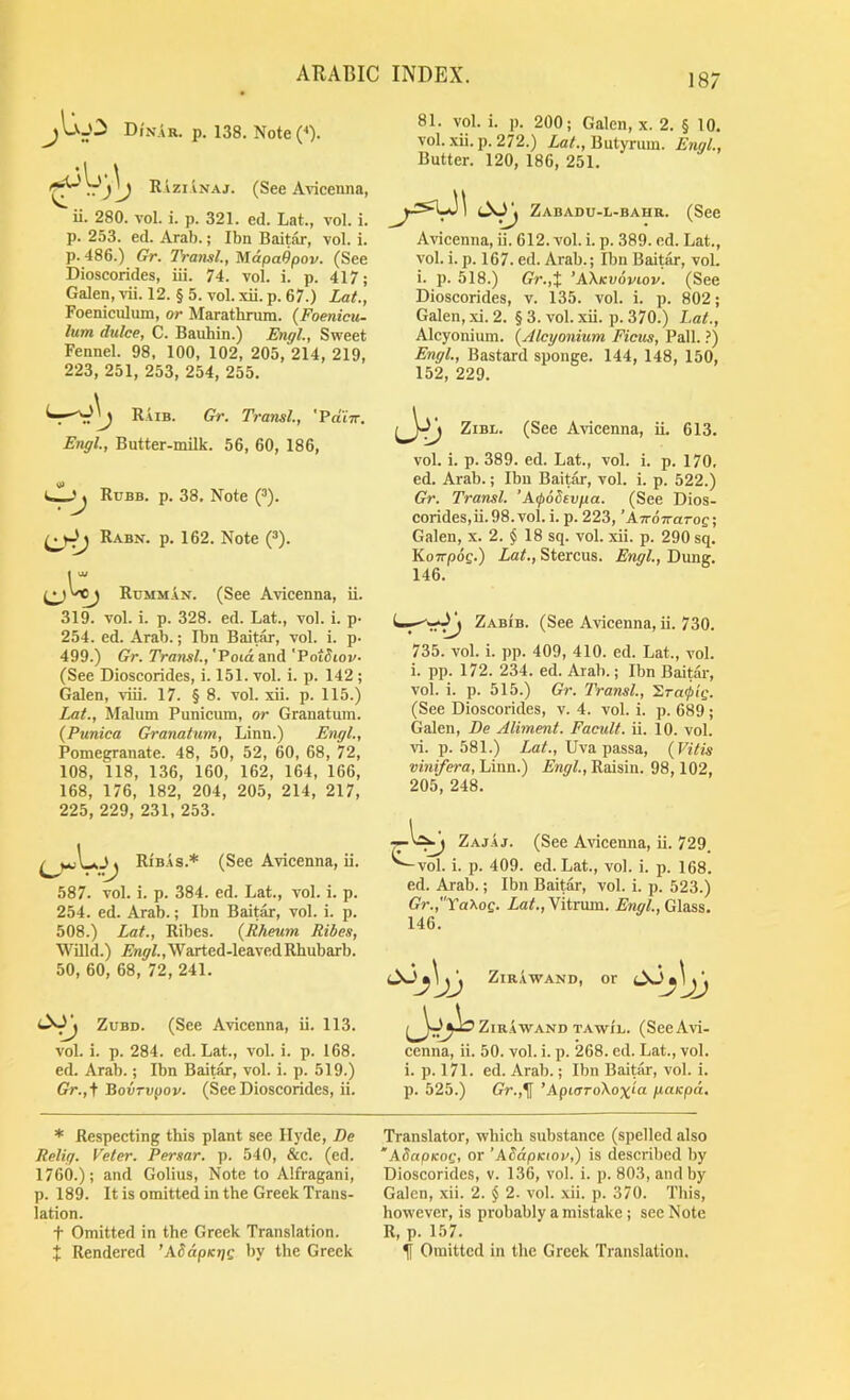 jU_0 Di'nAr. p. 138. NoteC). RAziInaj. (See A^^cenna, ii. 280. vol. i. p. 321. ed. Lat., vol. i. p. 253. ed. Arab.; Ibn Baitar, vol. i. p. 486.) Gr. IVansl., MdpaOpov. (See Dioscorides, iii. 74. vol. i. p. 417; Galen, vii. 12. § 5. vol. xii. p. 67.) Lat., Foeniculiun, or Marathrum. (Foenicu- lum dulce, C. Bauhin.) Engl., Sweet Fennel. 98, 100, 102, 205, 214, 219, 223, 251, 253, 254, 255. R.iiB. Gr. Transl., Pdiw. Engl., Butter-milk. 56, 60, 186, Robb. p. 38. Note (’). Rabn. p. 162. Note (^). r Rumman. (See Avicenna, ii. 319. vol. i. p. 328. ed. Lat., vol. i. p- 254. ed. Arab.; Ibn Baitar, vol. i. p. 499.) Gr. Transl., 'Potd and 'Pot^iov- (See Dioscorides, i. 151. vol. i. p. 142 ; Galen, viii. 17. § 8. vol. xii. p. 115.) Lat., Malum Punicum, or Granatum. {Punica Granatum, Linn.) Engl., Pomegranate. 48, 50, 52, 60, 68, 72, 108, 118, 136, 160, 162, 164, 166, 168, 176, 182, 204, 205, 214, 217, 225, 229, 231, 253. RfB.is.* (See Avicenna, ii. 587. vol. i. p. 384. ed. Lat., vol. i. p. 254. ed. Arab.; Ibn Baitar, vol. i. p. 508.) Lat., Ribes. {Rheum Ribes, Wind.) Engl., Warted-leaved Rhubarb. 50, 60, 68, 72, 241. Zubd. (See Avieenna, ii. 113. vol. i. p. 284. ed. Lat., vol. i. p. 168. ed. Arab.; Ibn Baitar, vol. i. p. 519.) (7r.,t Botirupov. (See Dioscorides, ii. 81. vol. i. p. 200; Galen, x. 2. § 10. vol. xii. p. 272.) ZaA, Butyrum. Engl., Butter. 120, 186, 251. Zabadu-l-bahb.. 'J (See Avicenna, ii. 612. vol. i. p. 389. ed. Lat., vol. i. p. 167. ed. Arab.; Ibn Baitar, vol. i. p. 518.) Gr.,X 'AXkvoviov. (See Dioscorides, v. 135. vol. i. p. 802; Galen, xi. 2. § 3. vol. xii. p. 370.) Lat., Alcyonium. {Alcyonium Ficus, Pall..’) Engl., Bastard sponge. 144, 148, 150, 152, 229. ZiBL. (See Avieenna, ii. 613. vol. i. p. 389. ed. Lat., vol. i. p. 170, ed. Arab.; Ibn Baitar, vol. i. p. 522.) Gr. Transl. ’A^odevpa. (See Dios- corides, ii. 98. vol. i. p. 223, ’ATTOwaroe; Galen, x. 2. § 18 sq. vol. xii. p. 290 sq. Kotrpog.) Lat., Stercus. Engl., Dung. 146. LjZabib. (See Avicenna, ii. 730. 735. vol. i. pp. 409, 410. ed. Lat., vol. i. pp. 172. 234. ed. Arab.; Ibn Baitar, vol. i. p. 515.) Gr. Transl., 'Sira^ig. (See Dioscorides, v. 4. vol. i. p. 689; Galen, De Aliment. Facult. ii. 10. vol. vi. p. 581.) Lat., Uva passa, (Vitis vinifera, Linn.) Engl., Raisin. 98,102, 205, 248. —Zaj.4j. (See Avicenna, ii. 729. ^vol. i. p. 409. ed. Lat., vol. i. p. 168. ed. Arab.; Ibn Baitar, vol. i. p. 523.) Gr.,''Ta'KoQ. ZaL,Vitrum. Glass. 146. Oo 'j'jj ZiRAWAND, or ZiR.AWAND TAWIL. (SccAvi- cenna, ii. 50. vol. i. p. 268. ed. Lat., vol. i. p. 171. ed. Arab.; Ibn Baitar, vol. i. p. 525.) G'r.,l[ ’AptoroXox'a paKpa. * Respecting this plant see Hyde, De Relig. Veter. Persar. p. 540, &c. (ed. 1760.); and Golius, Note to Alfragani, p. 189. It is omitted in the Greek Trans- lation. t Omitted in the Greek Translation. Translator, which substance (spelled also 'ASapKog, or ’AddpKiov,) is described by Dioscorides, v. 136, vol. i. p. 803, and by Galen, xii. 2. $ 2. vol. xii. p. 370. This, however, is probably a mistake; see Note R, p. 157.