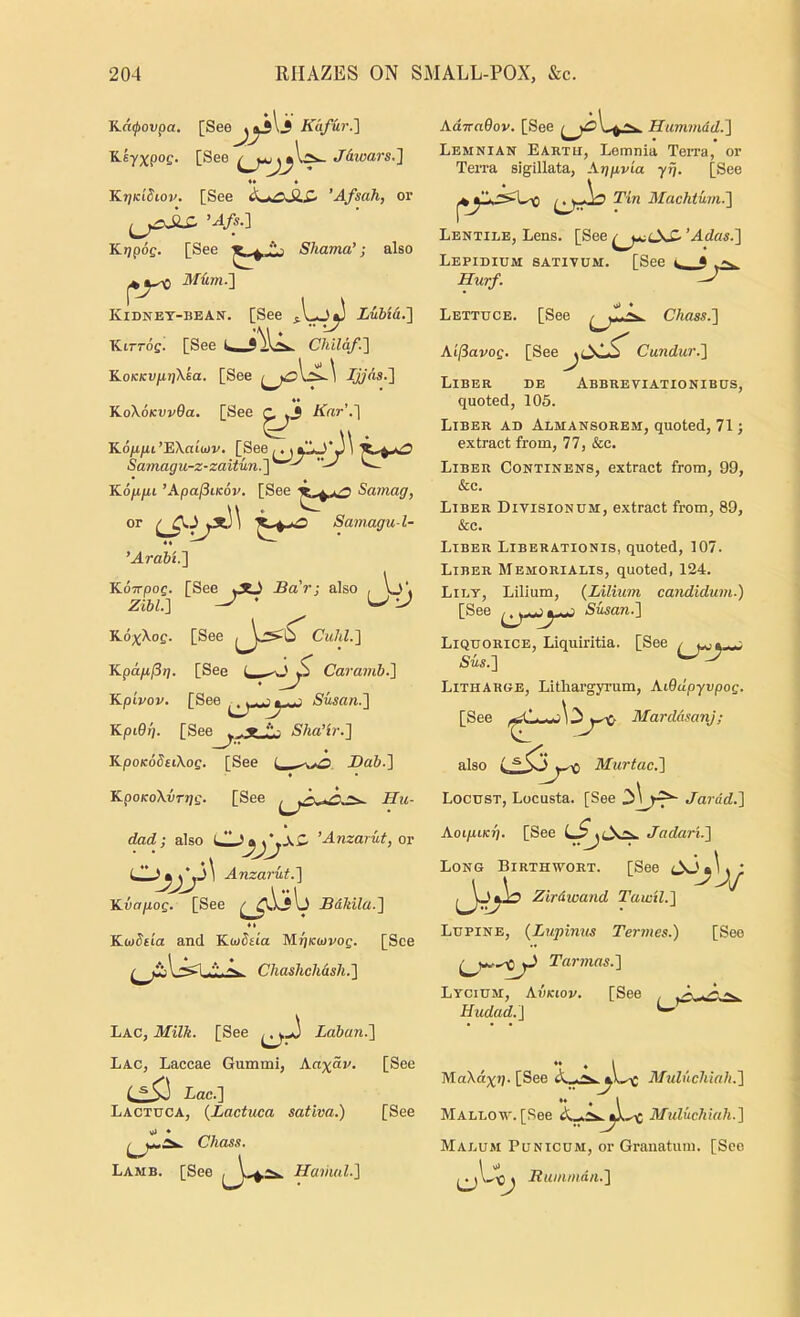 K«0oi;pa. [See^^lj Kafur.] KsyXPoe- [See Jiioars.} •* • KrjKiSiov. [See ’Afsah, or Ktipog. [See Shama’; also Kidnet-bean. [See ^1-..^ LubiA.'] Ktrrof. [See Child/.'] 1LoKKV[iri\ka. [See Ijjns.] • » 'K.oXoKvvOa. [See C *3 Kar'.] Ko/ijut ’EXato)v. [See ,. i J t Samagu-z-zaitun.]^-^ ^ Kofiin ’Apa(3iKov. [See Samag, or Sainagu-l- ’Arab't.] KoTTpog. [See JEJ Bar; also , Vj\ Zibl.] K-dxXoe- [See Cuhl.] Kpap^g. [See Carainb.] Kpivov. [See Susan.] Adiradov. [See Hummdd.] Lemnian Earth, Lernnia Teira, or Teii'a sigillata, Agp,via yfj. [See Tin Alachtum.] Lentile, Lens. [See ’Adas.] Lepidium sativum. [See Hurf. KpiOf]. [See^ Sha’ir.] KpoKodiiXog. [See Bab.] ♦ • KpoKoXvrgg. [See Hu- dad; also Z. ’Anzarut, or Anzarut.] ILvapog. [See Bdkila.] TLudtia and Kcodsia M^Kotpog. [See ^ A.-n. Chashchdsh.] Lac, Milk. [See Laban.] Lac, Laccae Gummi, Aaxdv. [See CiS3 Lac.] Lactuca, {Lactuca sativa.) [See Mi * Chass. Lamb. [See Haiiuil.] Mi * Lettuce. [See Chass.] Ai(iavog. [See Cundur.] Liber de Abbrbviationibus, quoted, 105. Liber ad Almansorem, quoted, 71; extract from, 77, &c. Liber Continens, extract from, 99, &c. Liber Diyisionum, extract from, 89, &c. Liber Liberationis, quoted, 107. Liber Memorialis, quoted, 124. Lilt, Lilium, {Lilium candidum.) [See ^ Susan.] Liquorice, Liquiritia. [See / Siis.] ^ Litharge, Litliargyrum, AiGupyvpog. [See MarddsanJ ; also AfMJ’tac.] Locust, Locusta. [See Jardd.] AoipiKT], [See Jadari.] Long Birthwort. [See Zirdwand Tamil.] Lupine, {Lwpinus Terines.) Tarmas.] Lycium, Avkiov. [See Hudad.] [See 'M.aXdxyp [See A .-x.Mulnchiah.] Mallow. [See A Mtduehiah.] Malum Punicum, or Granatuin. [See Itummdn.]