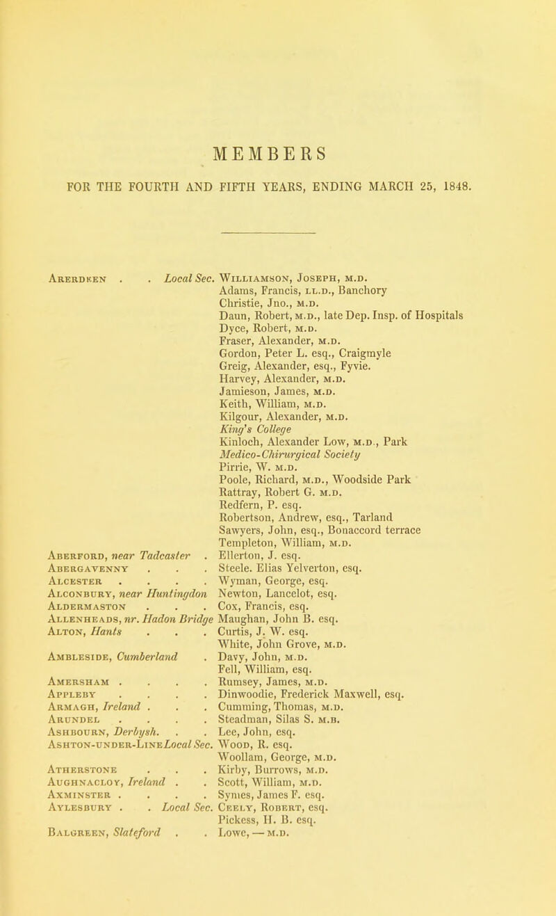 MEMBERS FOR THE FOURTH AND FIFTH YEARS, ENDING MARCH 25, 1848. Arebdken . . 5ec. Williamson, Joseph, M.D. Adams, Francis, ll.d., Banchory Christie, Jno., m.d. Daun, Robert, m.d., late Dep. Insp. of Hospitals Dyce, Robert, m.d. Fraser, Alexander, m.d. Gordon, Peter L. esq., Craigmyle Greig, Alexander, esq., Fyvie. Harvey, Alexander, m.d. Jamieson, James, m.d. Keith, William, m.d. Kilgour, Alexander, m.d. King's College Kinloch, Alexander Low, m.d.. Park Medico-Chirurgical Society Pirrie, W. m.d. Poole, Richard, m.d., Woodside Park Rattray, Robert G. m.d. Redfern, P. esq. Robertson, Andrew, esq., Tarland Sawyers, John, esq., Bonaccord terrace Templeton, William, m.d. Ellerton, J. esq. Steele. Elias Yelverton, esq. Wyman, George, esq. Newton, Lancelot, esq. Cox, Francis, esq. Maughan, John B. esq. Curtis, J. W. esq. White, John Grove, m.d. Davy, John, m.d. Fell, William, esq. Rumsey, James, m.d. Dinwoodie, Frederick Maxwell, esq. Camming, Thomas, m.d. Steadman, Silas S. m.b. Lee, John, esq. Wood, R. esq. Woollam, George, m.d. Kirby, Burrows, m.d. Scott, William, m.d. Symes, James F. esq. Aylesbury . . Local Sec. Ceely, Robert, esq. Pickess, II. B. esq. . Lowe, — m.d. Aberford, near Tadcaster . Abergavenny Alcester .... Alconbdry, near Huntingdon Aldermaston Allenheads, nr. Hadon Bridge Alton, Hants Ambleside, Cumberland Amersham . Appleby Armagh, Ireland . Arundel Ashbourn, Derbysh. AsHTON-UNDER-LiNEioea/ Sec. Atherstone Aughnacloy, Ireland . Axminster .... Balgreen, Slateford