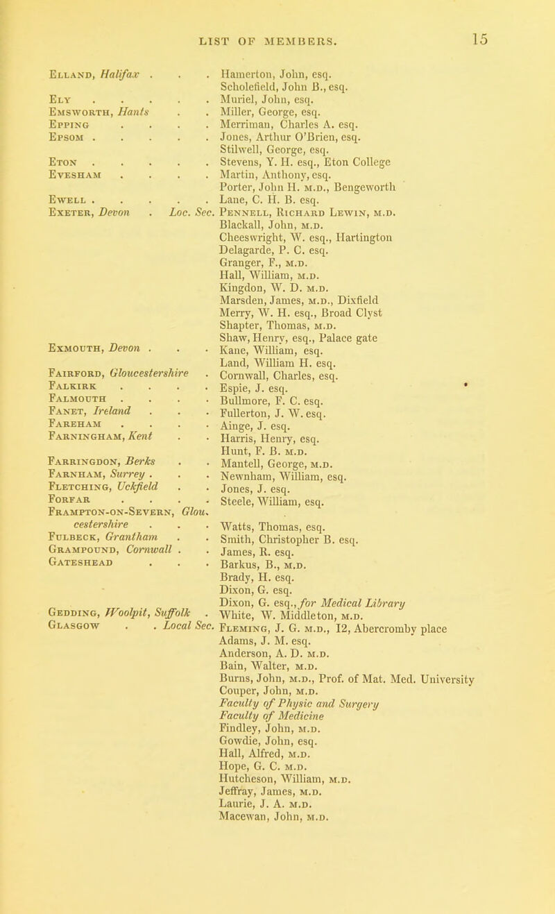 Elland, Halifax Ely Emsworth, Hants Epping Epsom . Eton Evesham Ewell . Exeter, Devon Exmouth, Devon . Fairford, Gloucestershire Falkirk Falmouth Fanet, Ireland Fareham Farningham, Kent Farringdon, Berks Farnham, Surrey . Fletching, Uckfield Forfar Frampton-on-Severn, Glou cestershire Fulbeck, Grantham Grampound, Cornwall Gateshead Gedding, Woolpit, Suffolk Glasgow . . Local Sec. . Hainerton, John, esq. Scholefield, John 13., esq. . Muriel, John, esq. . Miller, George, esq. . Merriinan, Charles A. esq. . Jones, Arthur O’Brien, esq. Stilwell, George, esq. . Stevens, Y. H. esq., Eton College . . Martin, Anthony, esq. Porter, John II. m.d., Bengeworth . Lane, C. II. B. esq. Loc. Sec. Pennell, Richard Lewin, m.d. Blackall, John, m.d. Cheeswright, W. esq., Hartington Delagarde, P. C. esq. Granger, F., m.d. Hall, William, m.d. Kingdon, W. D. m.d. Marsden, James, m.d., Dixtield Merry, W. H. esq.. Broad Clyst Shapter, Thomas, m.d. Shaw, Henry, esq., Palaee gate Kane, William, esq. Land, William H. esq. Cornwall, Charles, esq. Espie, J. esq. Bullmore, F. C. esq. Fullerton, J. W. esq. Ainge, J. esq. Harris, Henry, esq. Hunt, F. B. M.D. ManteU, George, m.d. Newnham, WiUiam, esq. Jones, J. esq. Steele, William, esq. Watts, Thomas, esq. Smith, Christopher B. esq. James, R. esq. Barkus, B., m.d. Brady, H. esq. DLxon, G. esq. Dixon, G. esq.,/or Medical Library White, W. Middleton, m.d. Fleming, J. G. m.d., 12, Abercromhy place Adams, J. M. esq. Anderson, A. D. m.d. Bain, Walter, m.d. Burns, John, m.d.. Prof, of Mat. Med. University Couper, John, m.d. Faculty of Physic and Surgery Faculty of Medicine Findley, John, m.d. Gowdie, John, esq. Hall, Alfred, m.d. Hope, G. C. m.d. Hutcheson, William, m.d. Jetfray, James, m.d. Laurie, J. A. m.d.