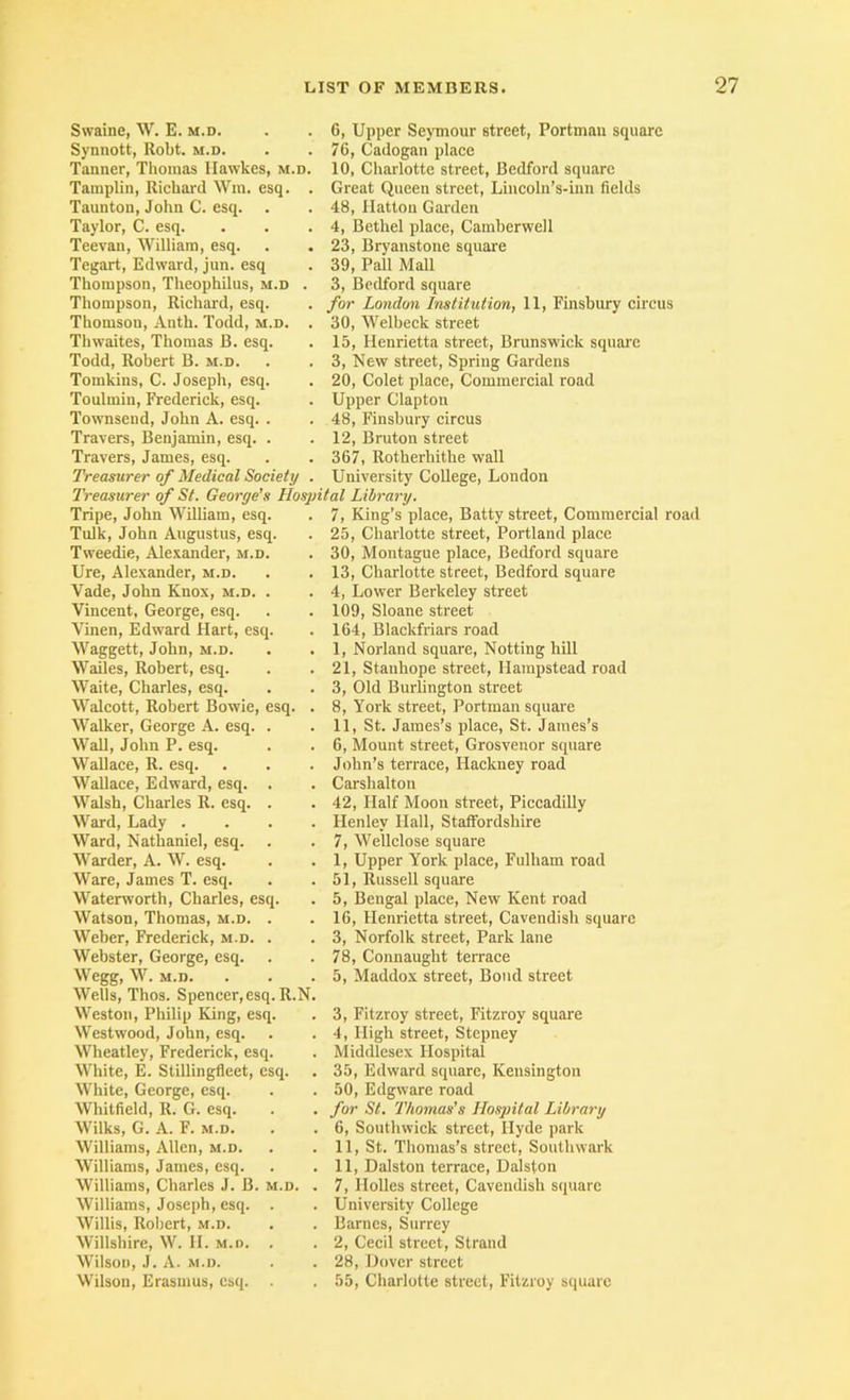 Swaine, W. E. m.d. Synnott, Robt. m.d. Tanner, Thomas Ilawkes, m.d. Tamplin, Richm-d Win. esq. . Taunton, John C. esq. Taylor, C. esq. Teevan, William, esq. Tegart, Edward, jun. esq Thompson, Theophilus, m.d . Thompson, Richard, esq. Thomson, Anth. Todd, m.d. . Thwaites, Thomas B. esq. Todd, Robert B. m.d. Tomkins, C. Joseph, esq. Toulmin, Frederiek, esq. Townsend, John A. esq. . Travers, Benjamin, esq. . Travers, James, esq. Treamrer of Medical Society Treasurer of St. George's Hospital Library. 6, Upper Seymour street, Portman square 76, Cadogan place 10, Charlotte street, Bedford square Great Queen street, Lineoln’s-inn fields 48, Hatton Garden 4, Bethel place, Camberwell 23, Bryanstone square 39, Pall Mall 3, Bedford square for London Institution, 11, Finsbury circus 30, Welbeck street 15, Henrietta street, Brunswick squai'c 3, New street. Spring Gardens 20, Colet place. Commercial road Upper Clapton 48, Finsbury circus 12, Bruton street 367, Rotherhithe wall University College, London Tripe, John William, esq. Tulk, John Augustus, esq. Tweedie, Alexander, m.d. Ure, Alexander, m.d. Vade, John Knox, m.d. . Vincent, George, esq. Vinen, Edward Hart, esq. Waggett, John, m.d. Wailes, Robert, esq. Waite, Charles, esq. Walcott, Robert Bowie, esq. . Walker, George A. esq. . Wall, John P. esq. Wallace, R. esq. Wallace, Edward, esq. . Walsh, Charles R. esq. . Ward, Lady . . . . Ward, Nathaniel, esq. Warder, A. W. esq. Ware, James T. esq. Waterworth, Charles, esq. Watson, Thomas, m.d. . Weber, Frederick, m.d. . Webster, George, esq. Wegg, W. M.D. Wells, Thos. Spencer, esq. R.N. Weston, Philip King, esq. Westwood, John, esq. Wheatley, Frederick, esq. White, E. Stillingfleet, esq. White, George, esq. Whitfield, R. G. esq. Wilks, G. A. F. M.D. Williams, Allen, m.d. Williams, James, esq. Williams, Charles J. B. m.d. . Williams, Joseph, esq. . Willis, Robert, m.d. Willshire, W. 11. m.d. . Wilson, J. A. M.D. Wilson, Erasmus, esq. . V, King’s place. Batty street. Commercial road 25, Charlotte street, Portland place 30, Montague place, Bedford square 13, Charlotte street, Bedford square 4, Lower Berkeley street 109, Sloane street 164, Blackfriars road I, Norland square. Netting hill 21, Stanhope street, Hampstead road 3, Old Burlington street 8, York street, Portman square II, St. James’s place, St. James’s 6, Mount street, Grosvenor square John’s terrace, Hackney road Carsbalton 42, Half Moon street, Piccadilly Henley Hall, Staffordshire 7, Wellclose square 1, Upper York plaee, Fulham road 51, Russell square 5, Bengal place. New Kent road 16, Henrietta street, Cavendish square 3, Norfolk street. Park lane 78, Connaught terrace 5, Maddox street. Bond street 3, Fitzroy street, Fitzroy square 4, High street. Stepney Middlesex Hospital 35, Edward square, Kensington 50, Edgware road for St. Thomas’s Hospital Library 6, Southwick street, Hyde park 11, St. Thomas’s street, Southwark 11, Dalston terrace, Dalsfon 7, Holies street, Cavendish square University College Barnes, Surrey 2, Cecil street. Strand 28, Hover street 55, Charlotte street, Fitzroy square