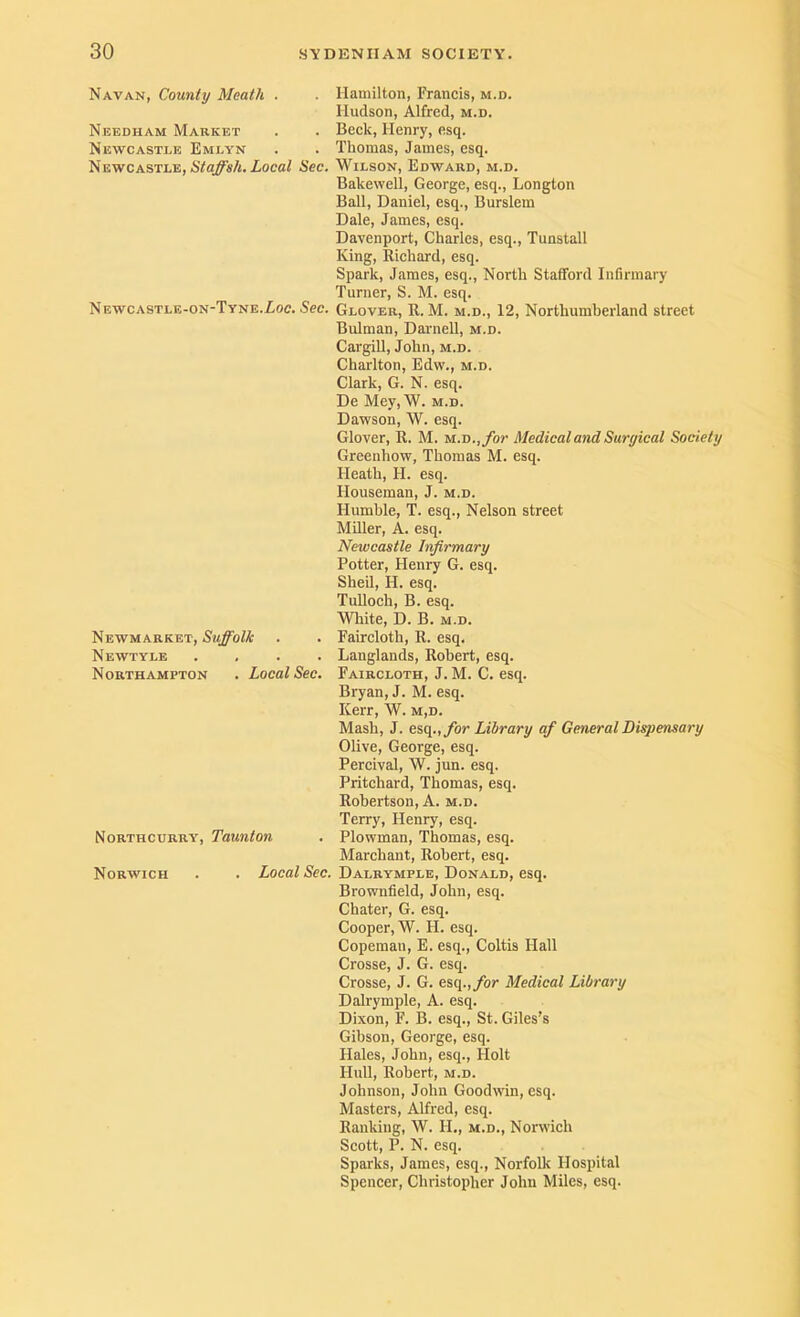 Navan, County Meath . . Hamilton, Francis, m.d. Hudson, Alfred, m.d. Needham Market . . Beck, Henry, esq. Newcastle Emlyn . . Thomas, James, esq. Newcastle, 6Yo^s/i. iocai Sec. Wilson, Edward, m.d. Bakewell, George, esq., Longton Ball, Daniel, esq., Burslem Dale, James, esq. Davenport, Charles, esq., Tunstall King, Richard, esq. Spark, James, esq.. North Stafford Infirmary Turner, S. M. esq. Newcastle-on-Tyne.Z,oc. 5ec. Glover, R. M. m.d., 12, Northumberland street Bulman, Darnell, m.d. CargiU, John, m.d. Charlton, Edw., m.d. Clark, G. N. esq. De Mey,W. m.d. Dawson, W. esq. Glover, R. M. m.d.,yo»' Medical and Surgical Society Greenhow, Thomas M. esq. Heath, FI. esq. Houseman, J. m.d. Humble, T. esq.. Nelson street MiUer, A. esq. Newcastle Infirmary Potter, Henry G. esq. Shell, H. esq. TuUoch, B. esq. White, D. B. m.d. Newmarket, Suffolk . . Faircloth, R. esq. Newtyle .... Langlands, Robert, esq. Northampton . Local Sec. Faircloth, J. M. C. esq. Bryan, J. M. esq. Kerr, W. m,d. Mash, J. esq., ybr Library of General Dispensary Olive, George, esq. Percival, W. jun. esq. Pritchard, Thomas, esq. Robertson, A. m.d. Terry, Henry, esq. Northcurry, Taunton . Plowman, Thomas, esq. Marchant, Robert, esq. Norwich . . Zoeai Nee. Dalrymple, Donald, esq. Brownfield, John, esq. Chater, G. esq. Cooper, W. H. esq. Copeman, E. esq., Coltis Hall Crosse, J. G. esq. Crosse, J. G. esq.,/or Medical Library Dalrymple, A. esq. Dixon, F. B. esq., St. Giles's Gibson, George, esq. Hales, John, esq.. Holt FIull, Robert, m.d. Johnson, John Goodwin, esq. Masters, Alfred, esq. Ranking, W. H., m.d., Norwich Scott, P. N. esq. Sparks, James, esq., Norfolk Hospital Spencer, Christopher John Miles, esq.