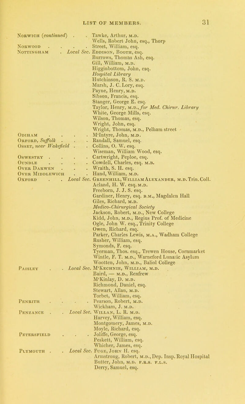 Norwich (continued) . Norwood .... Nottingham . Local Sec. Odiham .... Orford, Suffolk . Osset, near Wakefield . Oswestry .... OUNDLE .... Over Darwen Over Middlewich Oxford . . Local Sec. Paisi.ev Penrith Penzance Petersfiei.d Plymouth . Local Sec. . Local Sec. Local Sec, Tiiwke, Arthur, m.d. Wells, Robert John, esq., Thorp Street, William, esq. Eddison, Booth, esq. Burrows, Thomas Ash, esq. Gill, William, m.d. Higginbottom, John, esq. Hospital Library Hutchinson, R. S. m.d. Marsh, J. C. Lory, esq. Payne, Henry, m.d. Sibson, Francis, esq. Stanger, George E. esq. Taylor, Henry, m.d.,/or Med. Chirur. Library White, George Mills, esq. Wilson, Thomas, esq. Wright, John, esq. Wright, Thomas, m.d., Pelham street M'Intyre, John, m.d. Randall, Samuel, esq. Collins, 0. W. esq. Wiseman, WiUiam Wood, esq. Cartwright, Peploe, esq. Cowdell, Charles, esq. m.b. Wraith, S. H. esq. Hand, William, m.d. Greenhill, William Alexander, m.d. Trin. Coll. Acland, H. W. esq. m.d. Freeborn, J. J. S. esq. Gardiner, Henry, esq. d.m., Magdalen Hall Giles, Richard, m.d. Medico-Chirurgical Society Jackson, Robert, m.d.. New College Kidd, John, m.d., Regius Prof, of Medicine Ogle, John W. esq.. Trinity College Owen, Richard, esq. Parker, Charles Lewis, m.a., Wadham College Rusher, William, esq. Symonds, F. esq. Tyerman, Thos. esq., Trewen House, Cornmarket Wintle, F. T. m.d., Warneford Lunatic Asylum Wootten, John, m.d., Baliol College M'Kechnie, William, m.d. Baird, — m.d., Renfrew M'Kinlay, D. m.d. Richmond, Daniel, esq. Stewart, Allan, m.d. Torbet, William, esq. Pearson, Robert, m.d. Wickham, J. m.d. WiLLAN, L. R. m.d. Harvey, William, esq. Montgomery, James, m.d. Moyle, Richard, esq. Joliffe, George, esq. Peskett, William, esq. Whicher, James, esq. Fuge, John H. esq. Armstrong, Robert, M.D.,Dep. Insp. Royal Hospital Butter, John, m.d. f.r.s. f.l.s. Derry, Samuel, esq.