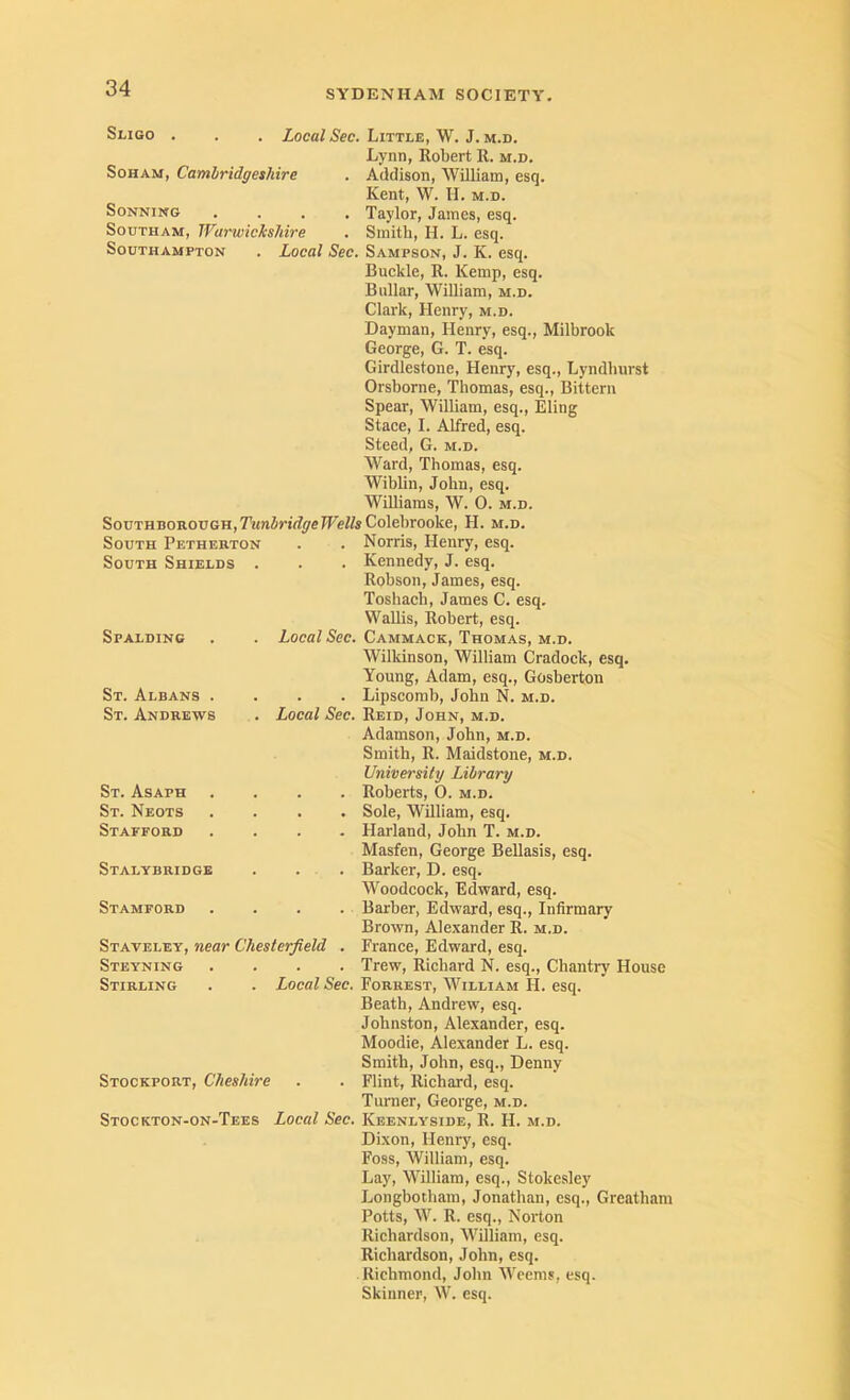 SYDENHAM SOCIETY. Si-iGo . . . Local Sec. Little, W. J. m.d. Lynn, Robert R. m.d. SoHAM, Cambridgeshire . Addison, William, esq. Kent, W. H. m.d. SoNNiNG .... Taylor, James, esq. SouTHAM, Warwickshire . Smith, H. L. esq. Southampton . Local Sec. Sampson, J. K. esq. Buckle, R. Kemp, esq. Bullar, William, m.d. Clark, Henry, m.d. Dayman, Henry, esq., Milbrook George, G. T. esq. Girdlestone, Henry, esq., Lyndburst Orsborne, Thomas, esq.. Bittern Spear, William, esq., Eling Stace, I. Alfred, esq. Steed, G. m.d. Ward, Thomas, esq. Wiblin, John, esq. Williams, W. 0. m.d. SouTHBOnoDGH,T«ninrf^elFeWsColebrooke, H. m.d. South Petherton . . Norris, Henry, esq. South Shields . . . Kennedy, J. esq. Robson, James, esq. Toshach, James C. esq. Wallis, Robert, esq. Local Sec. Cammack, Thomas, m.d. Wilkinson, William Cradock, esq. Young, Adam, esq., Gosberton . . Lipscomb, John N. m.d. Local Sec. Reid, John, m.d. Adamson, John, m.d. Smith, R. Maidstone, m.d. University Library . . Roberts, 0. m.d. . . Sole, William, esq. . . Harland, John T. m.d. Masfen, George BeUasis, esq. . Barker, D. esq. Woodcock, Edward, esq. . . Barber, Edward, esq., Infirmary Brown, Alexander R. m.d. France, Edward, esq. Trew, Richard N. esq.. Chantry House Forrest, William H. esq. Beath, Andrew, esq. Johnston, Alexander, esq. Moodie, Alexander L. esq. Smith, John, esq., Denny Flint, Richard, esq. Turner, George, m.d. Stockton-on-Tees Local Sec. Keenlyside, R. H. m.d. Spalding St. Albans . St. Andrews St. Asaph .... St. Neots .... Stafford .... Stalybridge Stamford .... Staveley, near Chesterfield . Steyning .... Stirling . . Local Sec. Stockport, Cheshire Dixon, Henry, esq. Foss, William, esq. Lay, William, esq., Stokesley Longbotham, Jonathan, esq., Greatham Potts, W. R. esq., Norton Richardson, William, esq. Richardson, John, esq. Richmond, John Weems, esq. Skinner, W. esq.