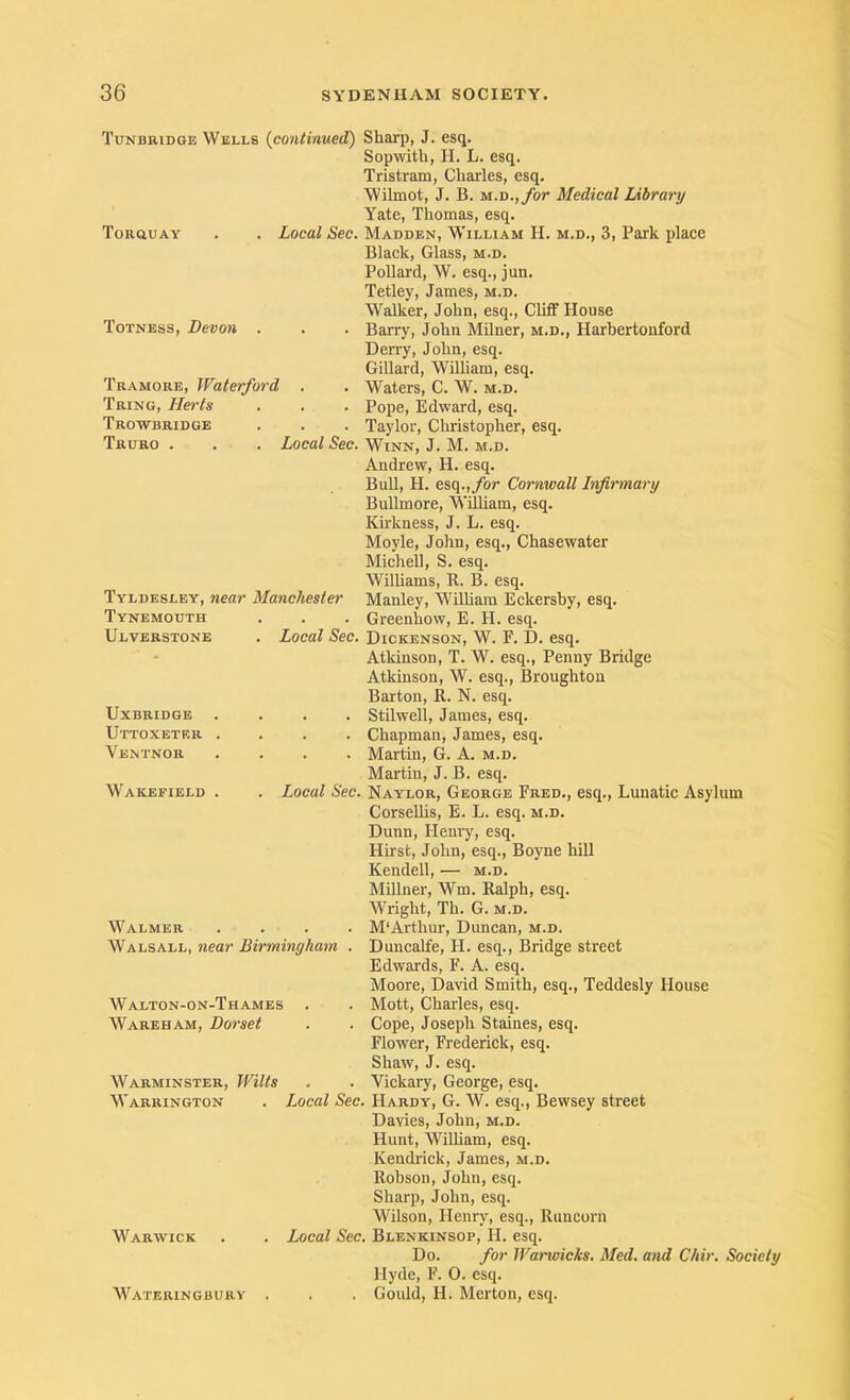 Tunbridge Wells {continued) Sharp, J. esq. Sopwith, II. L. esq. ToRauAY Totness, Devon Tramore, Waterford Tring, Herts Trowbridge Truro . Tristram, Charles, esq. Wilmot, J. B. M.D.,/or Medical Library Yate, Thomas, esq. Local Sec. Madden, William H. m.d., 3, Park place Black, Glass, m.d. Pollard, W. esq., jun. Tetley, James, m.d. Walker, John, esq.. Cliff House • • Barry, John Milner, m.d., Harbertonford Derry, John, esq. Gillard, William, esq. Waters, C. W. m.d. . • Pope, Edward, esq. • . Taylor, Christopher, esq. Local Sec. Winn, J. M. m.d. Andrew, H. esq. Bull, H. esq.,/or Cornwall Infirmary Bullmore, William, esq. Kirkness, J. L. esq. Moyle, John, esq., Chasewater Michell, S. esq. WilUams, R. B. esq. Tyldesley, near Manchester Manley, WilUara Eckersby, esq. Tynemouth . . . Greenhow, E. H. esq. Ulverstone . Local Sec. Dickenson, W. F. D. esq. Atkinson, T. W. esq.. Penny Bridge Atkinson, W. esq., Broughton Barton, R. N. esq. Uxbridge . . . Stilwell, James, esq. Uttoxetbr . . Chapman, James, esq. Ventnor . . Martin, G. A. m.d. Martin, J. B. esq. Wakefield . Local Sec. Naylor, George Fred., esq.. Lunatic Asylum CorseUis, E. L. esq. m.d. Dunn, Hem-y, esq. Hirst, John, esq., Boyne hill Kendell, — m.d. Millner, Wm. Ralph, esq. Wright, Th. G. m.d. Walmer . M'Arthur, Duncan, m.d. WAhSAijL, 7iear Birmmyham . Duncalfe, H. esq.. Bridge street Edwards, F. A. esq. Moore, David Smith, esq., Teddesly House Walton-on-Thamee > . . Mott, Charles, esq. . Cope, Joseph Staines, esq. Flower, Frederick, esq. Shaw, J. esq. Wareham, Dorset Warminster, Wilts . . Vickary, George, esq. Warrington Local Sec. Hardy, G. W. esq., Bewsey street Davies, John, m.d. Hunt, WUham, esq. Kendrick, James, m.d. Robson, John, esq. Sharp, John, esq. Wilson, Henry, esq., Runcorn Warwick Local Sec. Blenkinsop, II. esq. Do. for Warwicks. Med. and Chir. Society Hyde, F. 0. esq. Wateringbury . . . Gould, H. Merton, esq.