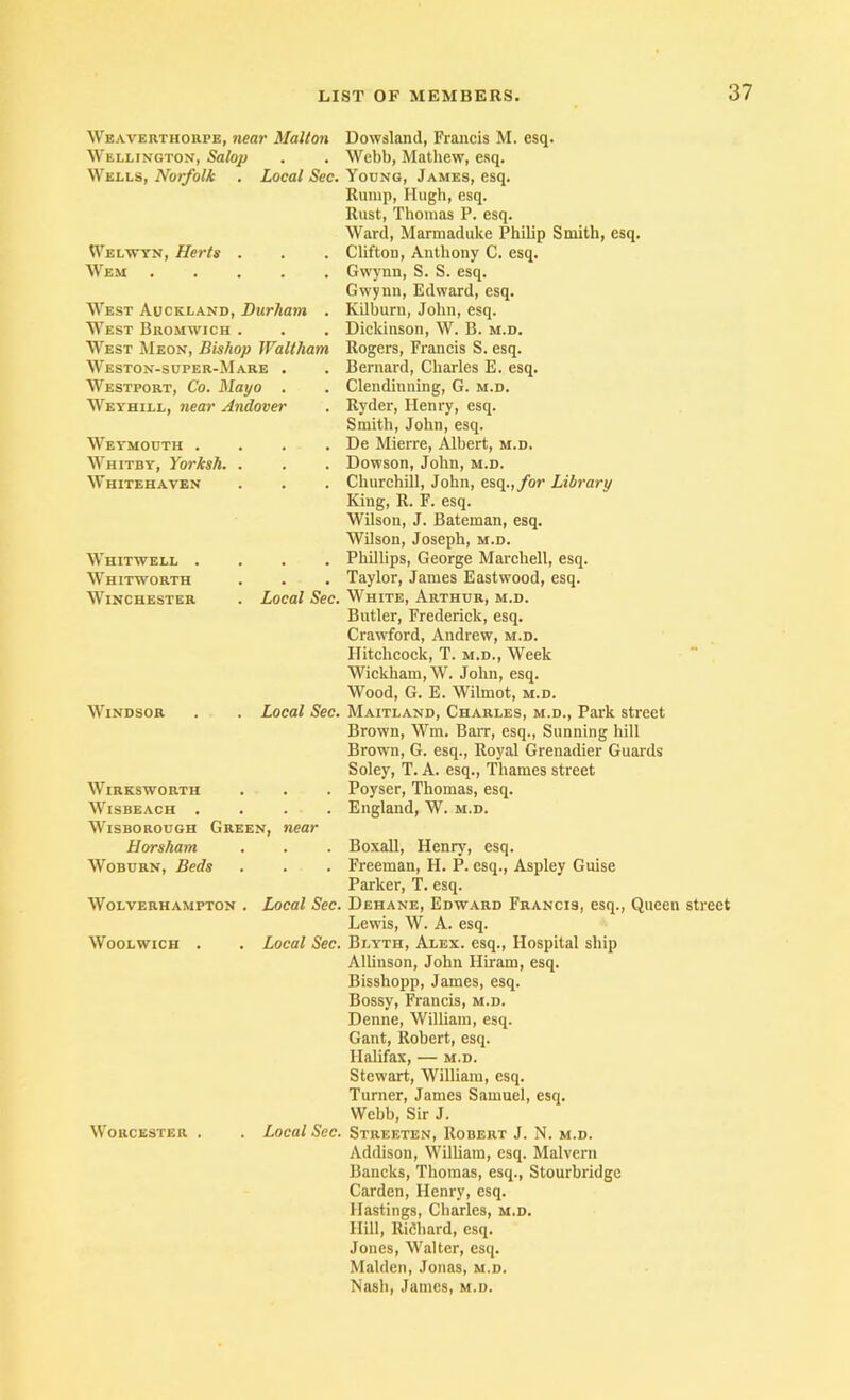 Weaverthorpe, near Malton Wellington, Salop Wells, Norfolk . Local Sec. Welwyn, Herts . Wem West Auckland, Durham . West Bromwich . West Meon, Bishop Waltham Weston-sdper-Mare . Westport, Co. Mayo . Weyhill, near Andover Weymouth .... Whitby, Yorksh. . Whitehaven Whitwell . Whitworth Winchester Windsor . Local Sec. . Local Sec. Wirksworth Wisbeach .... WisBO rough Green, near Horsham Woburn, Beds Wolverhampton . Local Sec. Woolwich . . Local Sec. Worcester . Local Sec. Dowsland, Francis M. esq. Webb, Mathew, esq. Young, James, esq. Rump, Hugh, esq. Rust, Thomas P. esq. Ward, Marraaduke Philip Smith, esq. Clifton, Anthony C. esq. Gwynn, S. S. esq. Gwynn, Edward, esq. Kilburn, John, esq. Dickinson, W. B. m.d. Rogers, Francis S. esq. Bernard, Charles E. esq. Clendinning, G. m.d. Ryder, Henry, esq. Smith, John, esq. De Mierre, Albert, m.d. Dowson, John, m.d. Churchill, John, esq.,/or Libraru King, R. F. esq. Wilson, J. Bateman, esq. Wilson, Joseph, m.d. Phillips, George Marchell, esq. Taylor, James Eastwood, esq. White, Arthur, m.d. Butler, Frederick, esq. Crawford, Andrew, m.d. Hitchcock, T. m.d.. Week Wickham, W. John, esq. Wood, G. E. Wilmot, m.d. Maitland, Charles, m.d.. Park street Brown, Wm. BaiT, esq.. Sunning hill Brown, G. esq.. Royal Grenadier Guards Soley, T. A. esq., Thames street Poyser, Thomas, esq. England, W. m.d. Boxall, Henry, esq. Freeman, H. P. esq., Aspley Guise Parker, T. esq. Dehane, Edward Francis, esq., Queen street Lewis, W. A. esq. Blyth, Alex, esq.. Hospital ship Alllnson, John Hiram, esq. Bisshopp, James, esq. Bossy, Francis, m.d. Denne, William, esq. Gant, Robert, esq. Halifax, — m.d. Stewart, William, esq. Turner, James Samuel, esq. Webb, Sir J. Streeten, Robert J. N. m.d. Addison, William, esq. Malvern Bancks, Thomas, esq., Stourbridge Carden, Henry, esq. Hastings, diaries, m.d. Hill, Rifihard, esq. Jones, Walter, esq. Malden, Jonas, m.d. Nash, James, m.d.