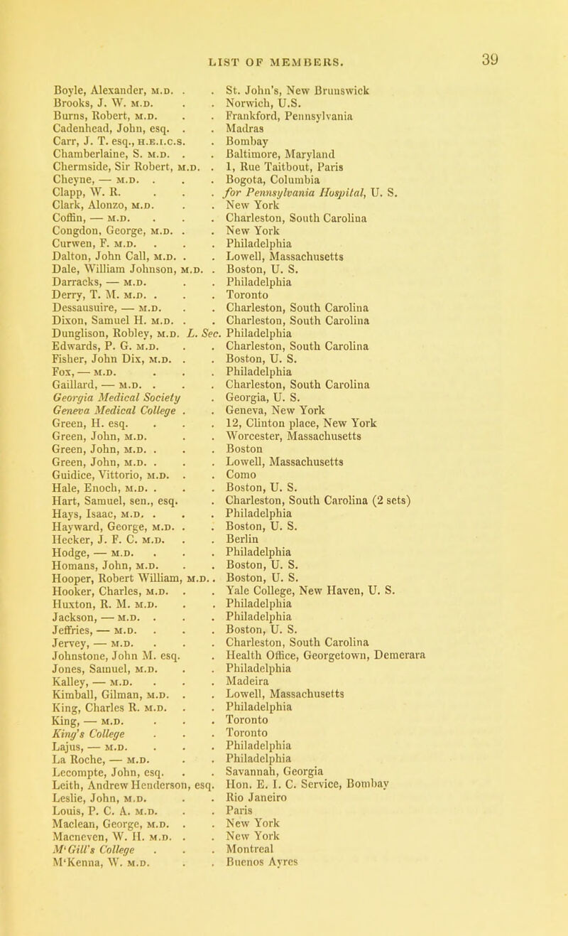 Boyle, Alexander, m.d. . St. John’s, New Brunswick Brooks, J. W. M.D. Norwich, U.S. Burns, Robert, m.d. Frankford, Pennsylvania Cadenhead, John, esq. . Madras Carr, J. T. esq., h.e.i.c.s. Bombay Chamberlaine, S. m.d. . Baltimore, Maryland Chermside, Sir Robert, m.d. . 1, Rue Taitbout, Paris Cheyne, — m.d. . Bogota, Columbia Clapp, W. R. ... for Pennsylvania Huspilal, U. S. Clark, Alonzo, m.d. New York Coffin, — m.d. Charleston, South Carolina Congdon, George, m.d. . New York Curwen, F. m.d. Philadelphia Dalton, John Call, m.d. . Lowell, Massachusetts Dale, William Johnson, m.d. . Boston, U. S. Darracks, — m.d. Philadelphia Derry, T. M. m.d. . Toronto Dessausuire, — m.d. Charleston, South Carolina Dixon, Samuel H. m.d. . Charleston, South Carolina Dunglison, Robley, m.d. L. Sec. Philadelphia Edwards, P. G. m.d. Charleston, South Carolina Fisher, John Dix, m.d. . Boston, U. S. Fox, — m.d. Philadelphia Gaillard, — m.d. . Charleston, South Carolina Georgia Medical Society Georgia, U. S. Geneva Medical College . Geneva, New York Green, H. esq. 12, Clinton place, New York Green, John, m.d. Worcester, Massachusetts Green, John, m.d. . Boston Green, John, m.d. . Lowell, Massachusetts Guidice, Vittorio, m.d. . Como Hale, Enoch, m.d. . Boston, U. S. Hart, Samuel, sen., esq. Charleston, South Carolina (2 sets) Hays, Isaac, m.d, . Philadelphia Hayward, George, m.d. . Boston, U. S. Hecker, J. F. C. m.d. Berlin Hodge, — m.d. Philadelphia Homans, John, m.d. Boston, U. S. Hooper, Robert William, m.d. . Boston, U. S. Hooker, Charles, m.d. . Yale College, New Haven, U. S. Huxton, R. M. m.d. Philadelphia Jackson, — m.d. . Philadelphia Jeffries, — m.d. Boston, U. S. Jervey, — m.d. Charleston, South Carolina Johnstone, John M. esq. Health Office, Georgetown, Demerara Jones, Samuel, m.d. Philadelphia Kalley, — m.d. Madeira Kimball, Gilman, m.d. . Lowell, Massachusetts King, Charles R. m.d. Philadelphia King, — m.d. Toronto King’s College Toronto Lajus, — M.D. Philadelphia La Roche, — m.d. Philadelphia Lecompte, John, esq. Savannah, Georgia Leith, Andrew Henderson, esq. Hon. E. I. C. Service, Bombay Leslie, John, m.d. Rio Janeiro Louis, P. C. A. m.d. Paris Maclean, George, m.d. . New York Macneven, W. 11. m.d. . New York M‘Gill's College Montreal M'Kenna, W. m.d. Buenos Ayres