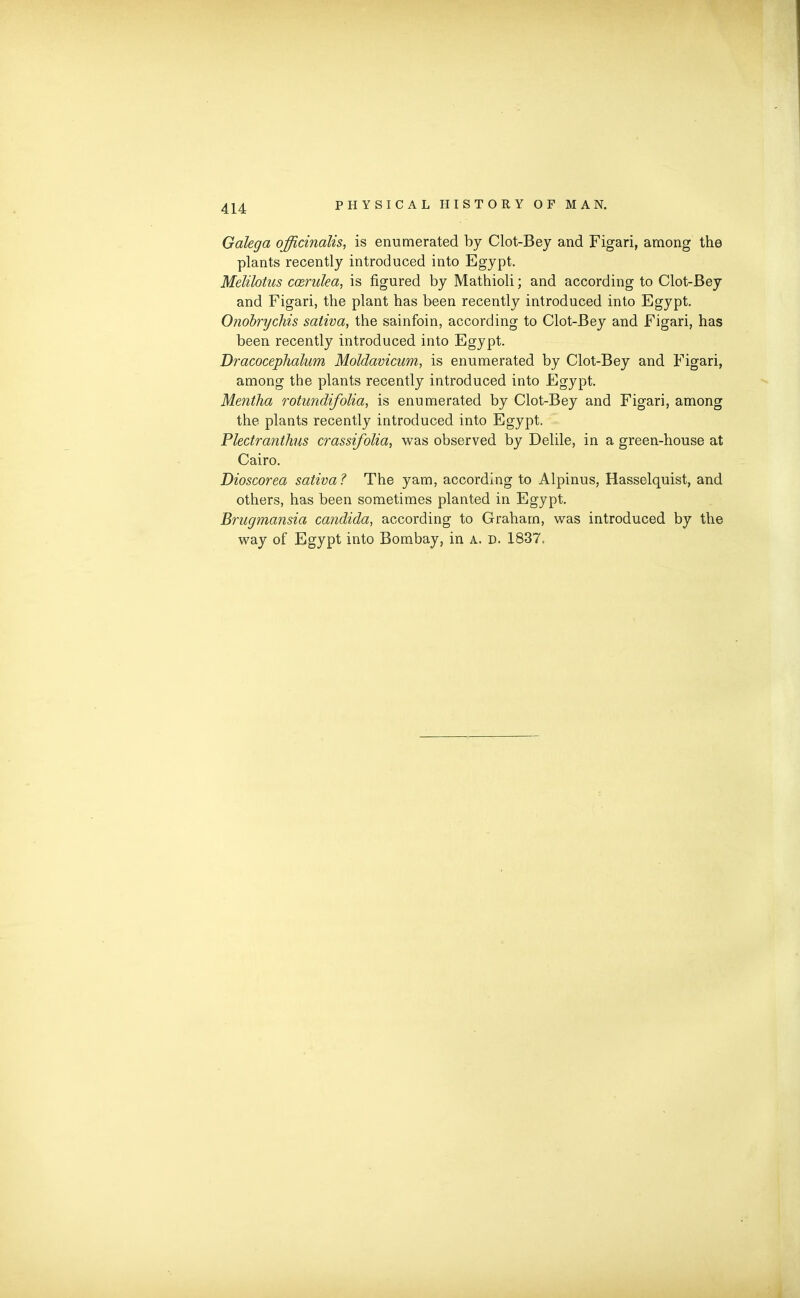 Galega officinalis, is enumerated by Clot-Bey and Figari, among the plants recently introduced into Egypt. Melilotus ccerulea, is figured by Mathioli; and according to Clot-Bey and Figari, the plant has been recently introduced into Egypt. Onobrychis saliva, the sainfoin, according to Clot-Bey and Figari, has been recently introduced into Egypt. Dracocephalum Moldavicum, is enumerated by Clot-Bey and Figari, among the plants recently introduced into Egypt. Mentha rotundifolia, is enumerated by Clot-Bey and Figari, among the plants recently introduced into Egypt. Plectranthus crassifolia, was observed by Delile, in a green-house at Cairo. Dioscorea sativa? The yam, according to Alpinus, Hasselquist, and others, has been sometimes planted in Egypt. Brugmansia Candida, according to Graham, was introduced by the way of Egypt into Bombay, in a. d. 1837.