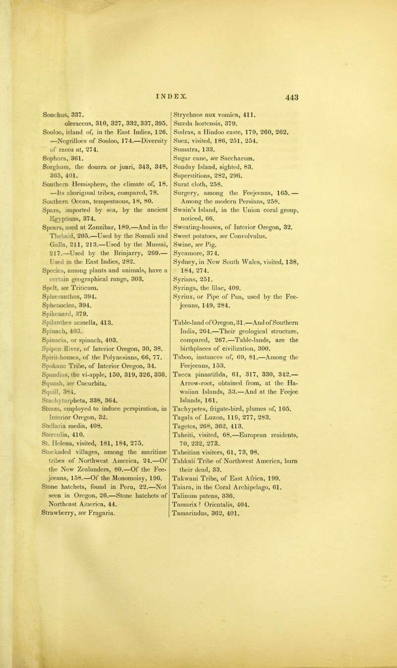 Sonchus, 337. oleraceus, 310, 327, 332,337,395. Sooloo, island of, in the East Indies, 126. —Negrilloes of Sooloo, 174.—Diversity of races at, 274. Sophora, 361. Sorghum, the dourra or juari, 343, 348, 365, 401. Southern Hemisphere, the climate of, 18. —Its aboriginal tribes, compared, 78. Southern Ocean, tempestuous, 18, 80. Spars, imported by sea, by the ancient Egyptians, 374. Spears, used at Zanzibar, 189.—And in the Thebaid, 205.—Used by the Somali and Galla, 211, 213.—Used by the Mussai, 217.—Used by the Brinjarry, 269.— Used in the East Indies, 282. Species, among plants and animals, have a certain geographical range, 303. Spelt, see Triticum. Sphoeranthus, 394. Sphenoclea, 394. Spikenard, 379. Spilanthes acmella, 413. Spinach, 403. Spinacia, or spinach, 403. Spipen River, of Interior Oregon, 30, 38. Spirit-houses, of the Polynesians, 66, 77. Spokane Tribe, of Interior Oregon, 34. Spondias, the vi-apple, 150, 319, 326, 336. Squash, see Cucurbita. Squill, 384. Stachytarpheta, 338, 364. Steam, employed to induce perspiration, in Interior Oregon, 32. Stellaria media, 408. Sterculia, 410. St. Helena, visited, 181, 184, 275. Stockaded villages, among the maritime tribes of Northwest America, 24.—Of the New Zealanders, 80.—Of the Fee- jeeans, 158.—Of the Monomoisy, 196. Stone hatchets, found in Peru, 22.—Not seen in Oregon, 26.—Stone hatchets of Northeast America, 44. Strawberry, see Fragaria. Strychnos nux vomica, 411. Surnda hortensis, 379. Sudras, a Hindoo caste, 179, 260, 262. Suez, visited, 186, 251, 254. Sumatra, 133. Sugar cane, see Saccharum. Sunday Island, sighted, 83. Superstitions, 282, 296. Surat cloth, 258. Surgery, among the Feejeeans, 165.— Among the modern Persians, 258. Swain’s Island, in the Union coral group, noticed, 66. Sweating-houses, of Interior Oregon, 32. Sweet potatoes, see Convolvulus. Swine, see Pig. Sycamore, 374. Sydney, in New South Wales, visited, 138, 184, 274. Syrians, 251. Syringa, the lilac, 409. Syrinx, or Pipe of Pan, used by the Fee- jeeans, 149, 284. Table-land of Oregon, 31.—And of Southern India, 264.—Their geological structure, compared, 267.—Table-lands, are the birthplaces of civilization, 300. Taboo, instances of, 69, 81.—Among the Feejeeans, 153. Tacca pinnatifida, 61, 317, 330, 342.— Arrow-root, obtained from, at the Ha- waiian Islands, 33.—And at the Feejee Islands, 161. Tachypetes, frigate-bird, plumes of, 105. Tagala of Luzon, 11S, 277, 283. Tagetes, 268, 362, 413. Taheiti, visited, 68.—European residents, 70, 232, 273. Taheitian visiters, 61, 73, 98. Tahkali Tribe of Northwest America, burn their dead, 33. Takwani Tribe, of East Africa, 199. Taiara, in the Coral Archipelago, 61. Talinum patens, 336. Tamarix? Orientalis, 404. Tamarindus, 362, 401. v