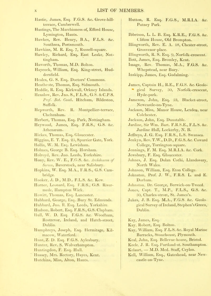 Hastie, Janies, Esq. F.G.S. &c. Grove-hill- terrace, Camberwell. Hastings, The Marchioness of, Effortl House, Lymington, Hants. Hawkes, Rev. Henry, B.A., F.L.S. &c. Southsea, Portsmouth. Hawkins, M. R. Esq. 7, Russell-square. Hawley, Richard, Esq. East Leake, Not- tingham. Haworth, Thomas, M.D. Bolton. Haycock, William, Esq. King-street, Hud- dersfield. Heales, G. S. Esq. Doctors’ Commons. Heathcote, Thomas, Esq. Sidmouth. Heddle, R. Esq. Kirkwall, Orkney Islands. Henslow, Rev. Jno. S., F.L.S., G.S. & C.P.S. Prof. Bot. Camb. Hitcham, Bildeston, Suffolk. Hepworth, Rev. R. Montpellier-terrace, Cheltenham. Herbert, Thomas, Esq. Park, Nottingham. Heywood, James, Esq. F.ll.S., G.S. ike. Athenaeum. Hickes, Thomas, Esq. Gloucester. Higgins,E. T. Esq. 25, Spurrier Gate, York. Hollis, W. M. Esq. Lewisham. Holmes, George B. Esq. Horsham. Holroyd, Rev. Jno. Leeds, Yorkshire. Hony, Rev. W. E., F.G.S. &c. Archdeacon of Sarum, Baverstock, near Salisbury. Hopkins, W. Esq. M.A., F.R.S., G.S. Cam- bridge. Hooker, .1. D , M.D., F.L.S. &c. Kew. Horner, Leonard, Esq. F.R.S., G.S. River- mede, Hampton Wick. Howitt, Thomas, Esq. Lancaster. Hubbard, George, Esq. Bury St. Edmunds. Hubbard, Jno. R. Esq. Leeds, Yorkshire. Hudson, Robert, Esq. F.R.S., G.S. Clapham. Hull, W. D. Esq. F.G.S. ike. Woodham, llostrevor, Ireland, and Hatch-street, Dublin. Humphreys, Joseph, Esq. Hermitage, Kil- macow, Waterford. Hunt, Z. D. Esq. F.G.S. Aylesbury. Hunter, Rev. S. Wolverhampton. Huntingdon, F. Esq. Hull. Hussey, Mrs. Rectory, Hayes, Kent. Hutchins, Miss, Alton, Hants. Hutton, R. Esq. F.G.S., M.R.I.A. ike. Putney Park. Ibbetson, L. L. B. Esq. K.R.E., F.G.S. ike. C lifton House, Old Brompton. Illingworth, Rev. E. A. 18, Chester-street, Grosvenor-place. Illingworth, R. S. Esq. 9, Norfolk-crescent. Ilott, James, Esq. Bromley, Kent. Image, Rev. Thomas, M.A., F.G.S. ike. Whepstcad, near Bury. Inskipp, James, Esq. Godalming. James, Captain H., R.E., F.G.S. ike. Geolo- * gical Survey, 30, Norfolk-crescent, Hyde-park. Jameson, John, Esq. 33, Blacket-street, Newcastlc-on-Tyne. Jackson, Miss, Manor House, Lexdeu, near Colchester. Jackson, John, Esq. Dunstable. Jardine, Sir Wm. Bart. F.R.S.E., F.L.S. ike. Jardine Hall, Lockerby, N. B. Jeffreys, J. G. Esq. F.R.S., L.S. Swansea. Jenkyn, Rev. T.W., D.D., F.G.S. &c. Coward College, Torrington-square. Jennings, F. M. Esq. M.R.I.A. ike. Cork. Jevvsbury, F. Esq. Gloucester. Johnes, J. Esq. Dolan Cothi, Llandovery, North Wales. Johnson, William, Esq. Eton College. Johnston, Prof. J. W., F.R.S. L. and E. Durham. Johnston, Dr. George, Berwick-on-Tweed. Jones, Capt. T., M.P., F.L.S., G.S. ike. 30, Charles-street, St. James’s. Jukes, J. B. Esq. M.A., F.G.S. ike. Geolo- gical Survey of Ireland, Stephen’s Green, Dublin. Kay, James, Esq. Kay, Robert, Esq. Bolton. Kay, William, Esq. F.L.S. ike. Royal Marine Barracks, Stonehouse, Plymouth. Keal, John, Esq. Bellevue-house, Bristol. Keele, J. R. Esq. Portland-st. Southampton. Kelaart, — M.D. Med. Staff, Ceylon. Kell, William, Esq., Gateshead, near New- castle-on-Tyne.