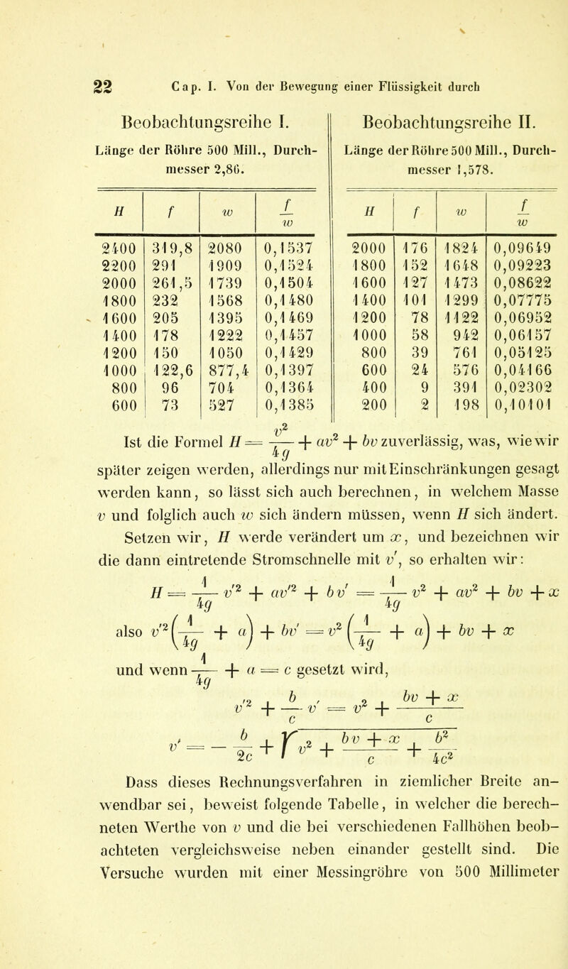 Beobachtungsreihe I. Länge der Röhre 500 Mill., Durch- messer 2,80. H f w x w 2400 319,8 2080 0,1537 2200 291 1909 0,1524 2000 261,5 1739 0,1504 1800 232 1568 0,1480 1600 205 1395 0,1469 1400 178 1222 0,1457 1200 150 1050 0,1429 1000 122,6 877,4 0,1397 800 96 704 0,1364 600 73 527 0,1385 V Ist die Formel H — F 4 9 Beobachtungsreihe II. Länge der Röhre 500 Mill., Durch- messer 1,578. H f w £ w 2000 176 1824 0,09649 1800 152 1648 0,09223 1600 127 1473 0,08622 1400 101 1299 0,07775 1200 78 1122 0,06952 1000 58 942 0,06157 800 39 761 0,05125 600 24 576 0,04166 400 9 391 0,02302 200 2 198 0,10101 -f- bv zuverlässig, was, wie wir später zeigen werden, allerdings nur mit Einschränkungen gesagt werden kann, so lässt sich auch berechnen, in welchem Masse v und folglich auch w sich ändern müssen, wenn H sich ändert. Setzen wir, II werde verändert um x, und bezeichnen wir die dann eintretende Stromschnelle mit v\ so erhalten wir: H v2 + av'2 + bv v2 -f- av<l + bv + x kg  1 ‘ kg also v2 + bv = v2 —f- aj + bv + cx 1 und wenn— 1- a — c gesetzt wird, kg v ,2 , b , o . bv + X v 2 d v = ir 4 c c b^ 2c +r 2 , bv -f- x . b2 V2 + + 4c2 Dass dieses Rechnungsverfahren in ziemlicher Breite an- wendbar sei, beweist folgende Tabelle, in welcher die berech- neten Werthe von v und die bei verschiedenen Fallhöhen beob- achteten vergleichsweise neben einander gestellt sind. Die Versuche wurden mit einer Messingröhre von 500 Millimeter
