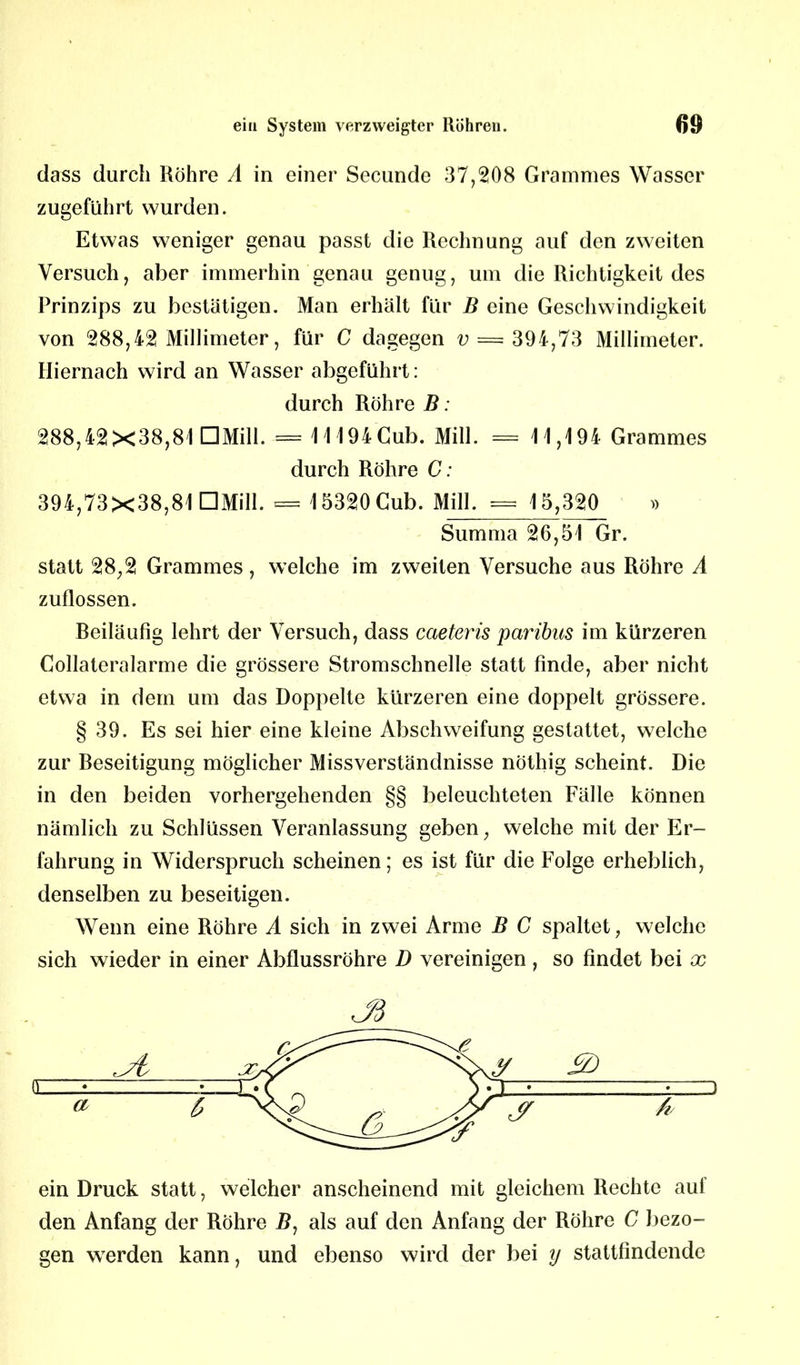 dass durch Röhre A in einer Secundc 37,208 Grammes Wasser zugeführt wurden. Etwas weniger genau passt die Rechnung auf den zweiten Versuch, aber immerhin genau genug, um die Richtigkeit des Prinzips zu bestätigen. Man erhält für B eine Geschwindigkeit von 288,42 Millimeter, für C dagegen ^ = 394,73 Millimeter. Hiernach wird an Wasser abgeführt: durch Röhre B: 288,42X38,81 □Mill. = 11 494Gub. Mill. = 11,194 Grammes durch Röhre C: 394,73X38,81 □Mill. = 15320Cub. Mill. = 15,320 » Summa 26,51 Gr. statt 28;2 Grammes, welche im zweiten Versuche aus Röhre A zuflossen. Beiläufig lehrt der Versuch, dass caeteris paribus im kürzeren Collateralarme die grössere Stromschnelle statt finde, aber nicht etwa in dem um das Doppelte kürzeren eine doppelt grössere. § 39. Es sei hier eine kleine Abschweifung gestattet, welche zur Beseitigung möglicher Missverständnisse nöthig scheint. Die in den beiden vorhergehenden §§ beleuchteten Fälle können nämlich zu Schlüssen Veranlassung geben, welche mit der Er- fahrung in Widerspruch scheinen; es ist für die Folge erheblich, denselben zu beseitigen. Wenn eine Röhre A sich in zwei Arme B C spaltet, welche sich wieder in einer Abflussrohre D vereinigen , so findet bei x J3 ein Druck statt, welcher anscheinend mit gleichem Rechte auf den Anfang der Röhre 2?, als auf den Anfang der Röhre C bezo- gen werden kann, und ebenso wird der bei y stattfindende