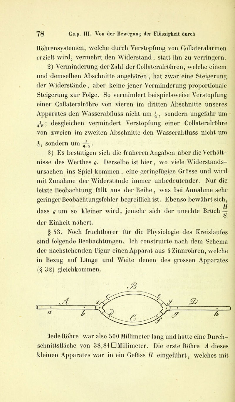 Röhrensystemen, welche durch Verstopfung von Collateralarmen erzielt wird, vermehrt den Widerstand, statt ihn zu verringern. 2) Verminderung der Zahl der Gollateralröhren, welche einem und demselben Abschnitte angehören, hat zwar eine Steigerung der Widerstände, aber keine jener Verminderung proportionale Steigerung zur Folge. So vermindert beispielsweise Verstopfung einer Collateralröhre von vieren im dritten Abschnitte unseres Apparates den Wasserabfluss nicht um \, sondern ungefähr um 41g-; desgleichen vermindert Verstopfung einer Collateralröhre von zweien im zweiten Abschnitte den Wasserabfluss nicht um y, sondern um jy5. 3) Es bestätigen sich die früheren Angaben über die Verhält- nisse des Werthes g. Derselbe ist hier, wo viele Widerstands- ursachen ins Spiel kommen, eine geringfügige Grösse und wird mit Zunahme der Widerstände immer unbedeutender. Nur die letzte Beobachtung fällt aus der Reihe, was bei Annahme sehr geringer Beobachtungsfehler begreiflich ist. Ebenso bewährt sich, dass g um so kleiner wird, jemehr sich der unechte Bruch — der Einheit nähert. § 43. Noch fruchtbarer für die Physiologie des Kreislaufes sind folgende Beobachtungen. Ich construirte nach dem Schema der nachstehenden Figur einen Apparat aus 4 Zinnröhren, welche in Bezug auf Länge und Weite denen des grossen Apparates (§ 32) gleichkommen. Jede Röhre war also 500 Millimeter lang und hatte eine Durch- schnittsfläche von 38,81 □Millimeter. Die erste Röhre A dieses kleinen Apparates war in ein Gefäss H eingeführt, welches mit