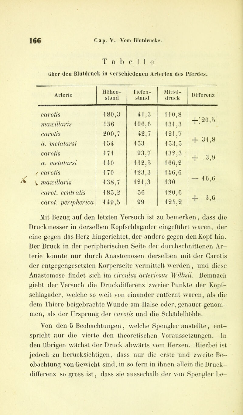 Tabelle über den Blutdruck in verschiedenen Arterien des Pferdes. Arterie Höhen- stand Tiefen- stand Mittel- druck Differenz carotis 180,3 41,3 110,8 maxillaris 156 106,6 131,3 + ; 20,5 carotis o 0 01 42,7 121,7 a. metatarsi 154 153 153,5 + 31,8 carotis 171 93,7 132,3; + 3,9 a. metatarsi 1 40 132,5 166,2 / carotis 170 123,3 146,6 \ maxillaris 138,7 121,3 130 — 16,6 carot. centralis 185,2 56 120,6 + 3,0 carot. peripherica 149,5 99 124,2 Mit Bezug auf den letzten Versuch ist zu bemerken, dass die Druckmesser in derselben Kopfschlagader eingeführt waren, der eine gegen das Herz hingerichtet, der andere gegen den Kopf hin. Der Druck in der peripherischen Seite der durchschnittenen Ar- terie konnte nur durch Anastomosen derselben mit der Carotis der entgegengesetzten Körperseite vermittelt werden, und diese Anastomose findet sich im circulus arteriosus Willisii. Demnach giebt der Versuch die Druckdifferenz zweier Punkte der Kopf- schlagader, welche so weit von einander entfernt waren, als die dem Thiere beigebrachte Wunde am Halse oder, genauer genom- men, als der Ursprung der carotis und die Schädelhöhle. Von den 5 Beobachtungen , welche Spengler anstellte, ent- spricht nur die vierte den theoretischen Voraussetzungen. In den übrigen wächst der Druck abwärts vom Herzen. Hierbei ist jedoch zu berücksichtigen, dass nur die erste und zweite Be- obachtung von Gewicht sind, in so fern in ihnen allein die Druck- differenz so gross ist, dass sie ausserhalb der von Spengler be-