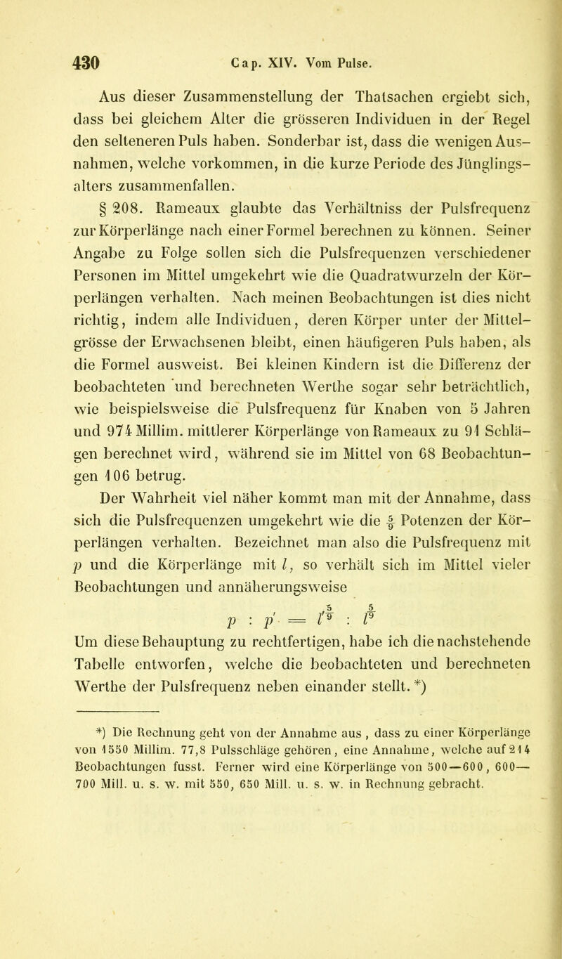 Aus dieser Zusammenstellung der Thatsachen ergiebt sich, dass bei gleichem Alter die grösseren Individuen in der Regel den selteneren Puls haben. Sonderbar ist, dass die wenigen Aus- nahmen, welche Vorkommen, in die kurze Periode des Jünglings- alters zusammenfallen. g 208. Rameaux glaubte das Verhältniss der Pulsfrequenz zur Körperlänge nach einer Formel berechnen zu können. Seiner Angabe zu Folge sollen sich die Pulsfrequenzen verschiedener Personen im Mittel umgekehrt wie die Quadratwurzeln der Kör- perlängen verhalten. Nach meinen Reobachtungen ist dies nicht richtig, indem alle Individuen, deren Körper unter der Mittel- grösse der Erwachsenen bleibt, einen häufigeren Puls haben, als die Formel ausweist. Bei kleinen Kindern ist die Differenz der beobachteten und berechneten Werthe sogar sehr beträchtlich, wie beispielsweise die Pulsfrequenz für Knaben von 5 Jahren und 974 Millim. mittlerer Körperlänge von Rameaux zu 91 Schlä- gen berechnet wird, während sie im Mittel von 68 Beobachtun- gen \ 06 betrug. Der Wahrheit viel näher kommt man mit der Annahme, dass sich die Pulsfrequenzen umgekehrt wie die -J Potenzen der Kör- perlängen verhalten. Bezeichnet man also die Pulsfrequenz mit p und die Körperlänge mit l, so verhält sich im Mittel vieler Beobachtungen und annäherungsweise p : p = r® : F Um diese Behauptung zu rechtfertigen, habe ich die nachstehende Tabelle entworfen, welche die beobachteten und berechneten Werthe der Pulsfrequenz neben einander stellt. *) *) Die Rechnung geht von der Annahme aus , dass zu einer Körperlänge von 1550 Millim. 77,8 Pulsschläge gehören, eine Annahme, welche auf 21 4 Beobachtungen fusst. Ferner wird eine Körperlänge von 500—600 , 600— 700 Milk u. s. w. mit 550, 650 Milk u. s. w. in Rechnung gebracht.