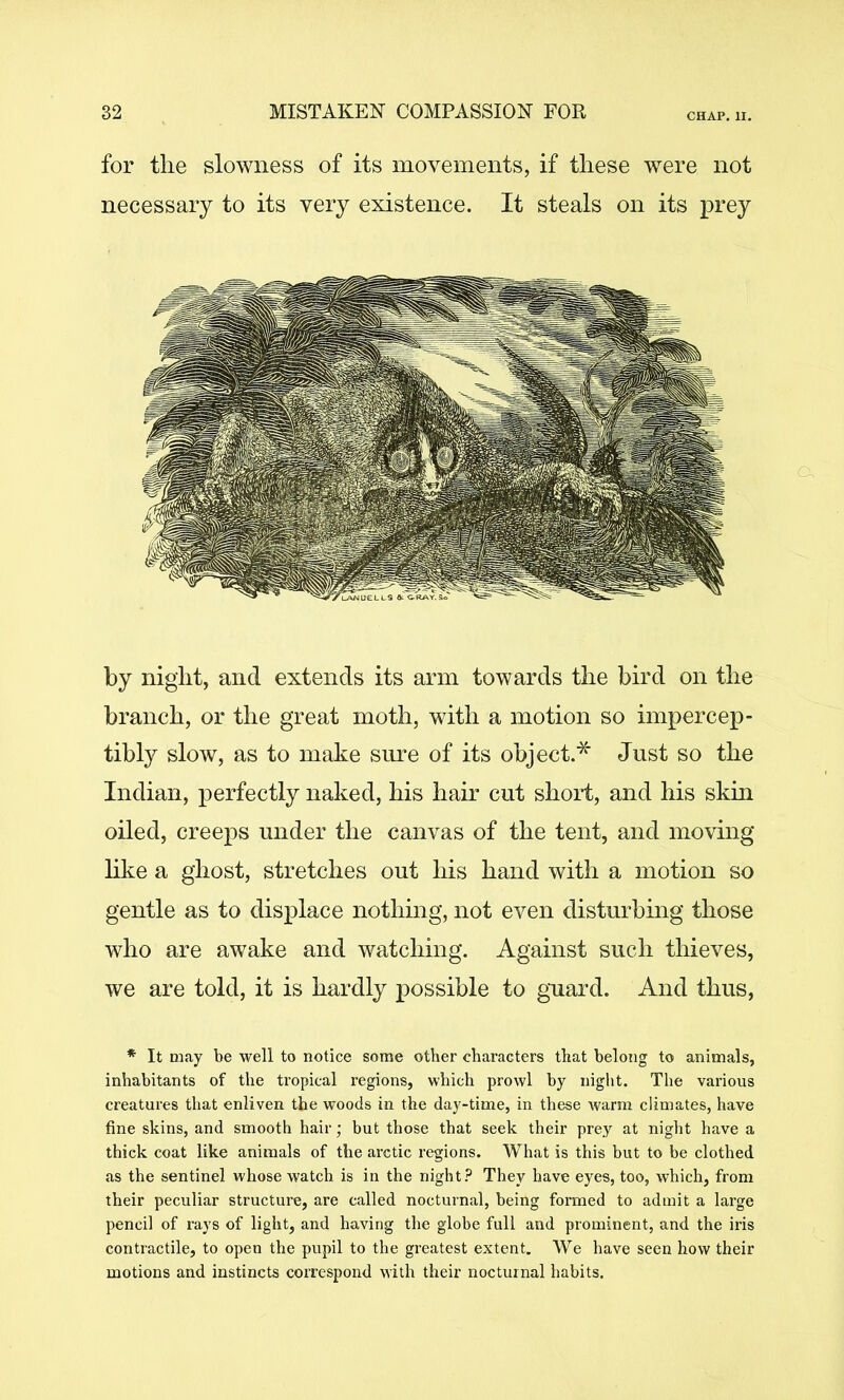 for the slowness of its movements, if these were not necessary to its very existence. It steals on its prey by night, and extends its arm towards the bird on the branch, or the great moth, with a motion so impercep- tibly slow, as to make sure of its object.'^ Just so the Indian, perfectly nalmd, his hair cut shoid, and his skin oiled, creeps under the canvas of the tent, and moving hke a ghost, stretches out his hand with a motion so gentle as to displace nothing, not even disturbing those who are awake and watching. Against such thieves, we are told, it is hardly possible to guard. And thus, *■ It may be well to notice some other characters that belong to animals, inhabitants of the tropical regions, which prowl by night. The various creatures that enliven the woods in the day-time, in these Avarm climates, have fine skins, and smooth hair; but those that seek their prey at night have a thick coat like animals of the arctic regions. What is this but to be clothed as the sentinel whose watch is in the night They have eyes, too, which, from their peculiar structure, are called nocturnal, being formed to admit a large pencil of rays of light, and having the globe full and prominent, and the iris contractile, to open the pupil to the greatest extent. We have seen how their motions and instincts correspond with their nocturnal habits.