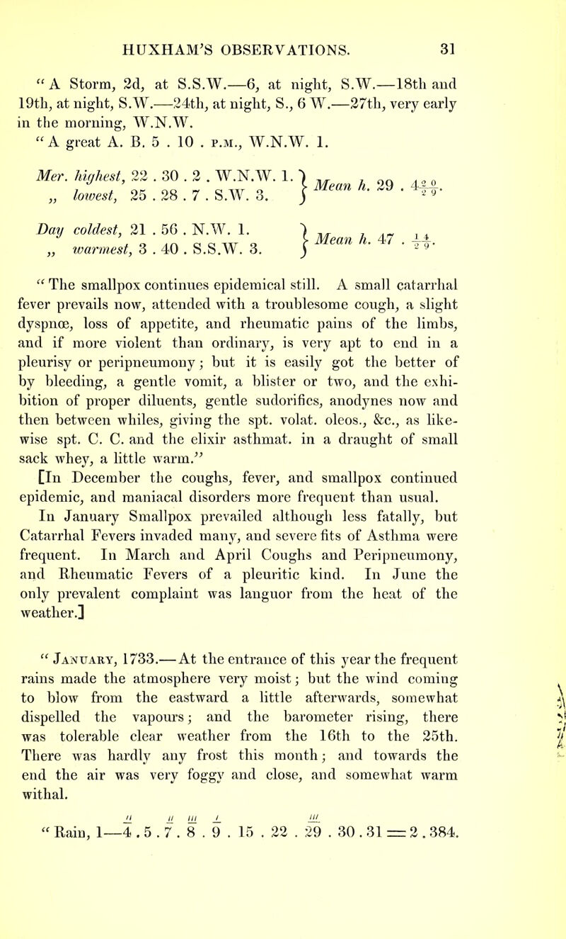 “A Storm, 2d, at S.S.W.—6, at night, S.W.—18th and 19th, at night, S.W.—24th, at night, S., 6 W.—27th, very early in the morning, W.N.W. “ A great A. B. 5 . 10 . r.M., W.N.W. 1. “ The smallpox continues epidemical still. A small catarrhal fever prevails now, attended with a troublesome cough, a slight dyspnce, loss of appetite, and rheumatic pains of the limbs, and if more violent than ordinary, is very apt to end in a pleurisy or peripneumony; but it is easily got the better of by bleeding, a gentle vomit, a blister or two, and the exhi- bition of proper diluents, gentle sudorifics, anodynes now and then between whiles, giving the spt. volat. oleos., &c., as like- wise spt. C. C. and the elixir asthmat. in a draught of small sack whey, a little warm.” [In December the coughs, fever, and smallpox continued epidemic, and maniacal disorders more frequent than usual. In January Smallpox prevailed although less fatally, but Catarrhal Fevers invaded many, and severe fits of Asthma were frequent. In March and April Coughs and Peripneumony, and Rheumatic Fevers of a pleuritic kind. In June the only prevalent complaint was languor from the heat of the weather.] “ January, 1733.—At the entrance of this year the frequent rains made the atmosphere very moist; but the wind coming to blow from the eastward a little afterwards, somewhat dispelled the vapours; and the barometer rising, there was tolerable clear weather from the 16th to the 25th. There was hardly any frost this month; and towards the end the air was very foggy and close, and somewhat warm withal. Mer. highest, 22.30.2 . W.N.W. 1. „ lowest, 25 . 28.7 . S.W. 3. Mean h. 29.4|~£. Day coldest, 21 . 56 . N.W. 1. „ warmest, 3.40 . S.S.W. 3. Rain, 1—4.5.7 . 8 . 9 . 15 . 22 . 29 . 30.31 = 2.384.