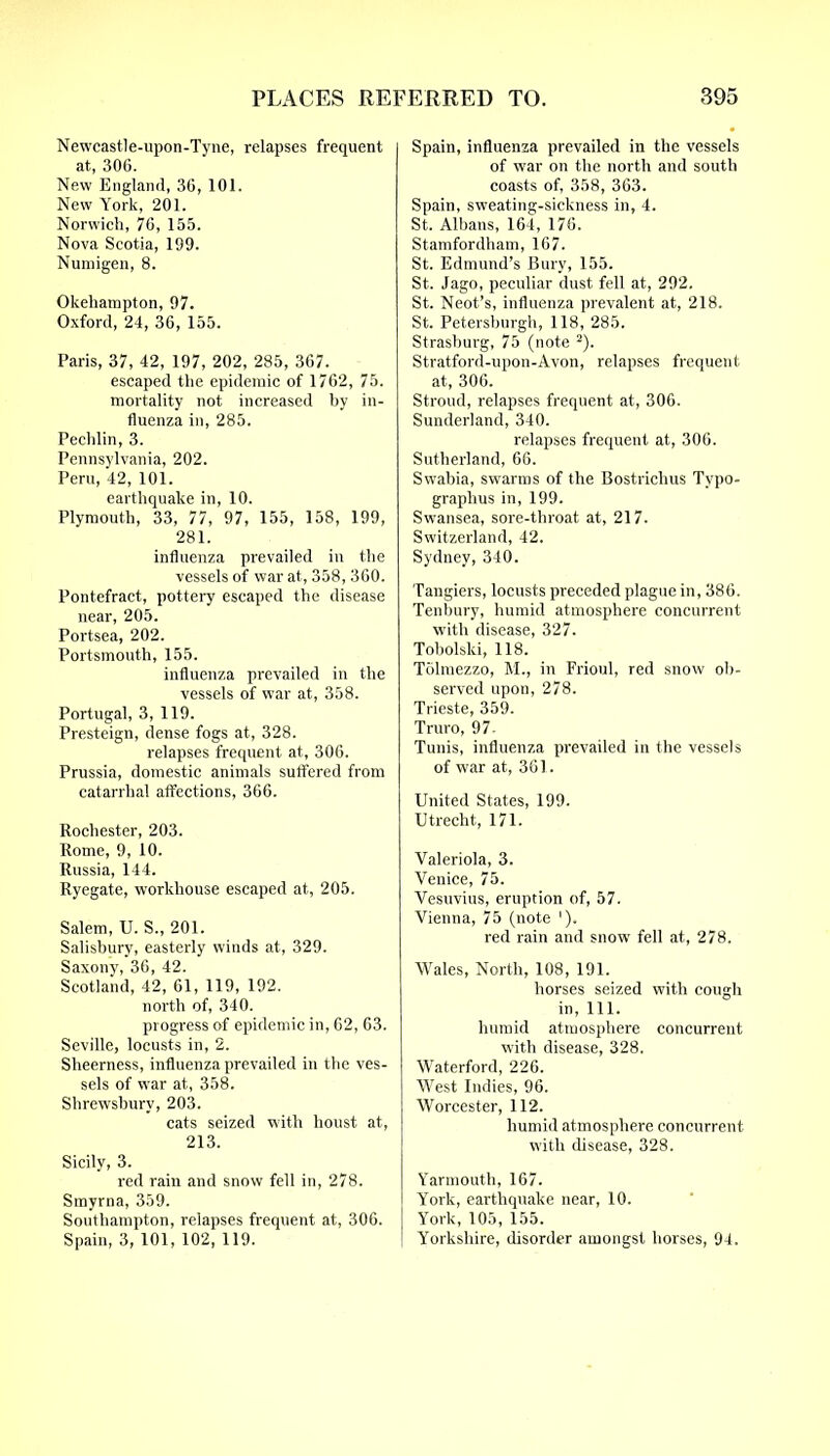 Newcastle-upon-Tyne, relapses frequent at, 306. New England, 36, 101. New York, 201. Norwich, 76, 155. Nova Scotia, 199. Numigen, 8. Okehampton, 97. Oxford, 24, 36, 155. Paris, 37, 42, 197, 202, 285, 367. escaped the epidemic of 1762, 75. mortality not increased by in- fluenza in, 285. Pechlin, 3. Pennsylvania, 202. Peru, 42, 101. earthquake in, 10. Plymouth, 33, 77, 97, 155, 158, 199, 281. influenza prevailed in the vessels of war at, 358, 360. Pontefract, pottery escaped the disease near, 205. Portsea, 202. Portsmouth, 155. influenza prevailed in the vessels of war at, 358. Portugal, 3, 119. Presteign, dense fogs at, 328. relapses frequent at, 306. Prussia, domestic animals suffered from catarrhal affections, 366. Rochester, 203. Rome, 9, 10. Russia, 144. Ryegate, workhouse escaped at, 205. Salem, U. S., 201. Salisbury, easterly winds at, 329. Saxony, 36, 42. Scotland, 42, 61, 119, 192. north of, 340. progress of epidemic in, 62, 63. Seville, locusts in, 2. Sheerness, influenza prevailed in the ves- sels of war at, 358. Shrewsbury, 203. cats seized with houst at, 213. Sicily, 3. red rain and snow fell in, 278. Smyrna, 359. Southampton, relapses frequent at, 306. Spain, 3, 101, 102, 119. Spain, influenza prevailed in the vessels of war on the north and south coasts of, 358, 363. Spain, sweating-sickness in, 4. St. Albans, 164, 176. Stamfordham, 167. St. Edmund’s Bury, 155. St. Jago, peculiar dust fell at, 292. St. Neot’s, influenza prevalent at, 218. St. Petersburgh, 118, 285. Strasburg, 75 (note 2). Stratford-upon-Avon, relapses frequent at, 306. Stroud, relapses frequent at, 306. Sunderland, 340. relapses frequent at, 306. Sutherland, 66. Swabia, swarms of the Bostrichus Typo- graphy in, 199. Swansea, sore-throat at, 217. Switzerland, 42. Sydney, 340. Tangiers, locusts preceded plague in, 386. Tenbury, humid atmosphere concurrent with disease, 327. Tobolski, 118. Tolmezzo, M., in Frioul, red snow ob- served upon, 278. Trieste, 359. Truro, 97. Tunis, influenza prevailed in the vessels of war at, 361. United States, 199. Utrecht, 171. Valeriola, 3. Venice, 75. Vesuvius, eruption of, 57. Vienna, 75 (note '). red rain and snow fell at, 278. Wales, North, 108, 191. horses seized with cough in, 111. humid atmosphere concurrent with disease, 328. Waterford, 226. West Indies, 96. Worcester, 112. humid atmosphere concurrent with disease, 328. Yarmouth, 167. York, earthquake near, 10. York, 105, 155. Yorkshire, disorder amongst horses, 94.