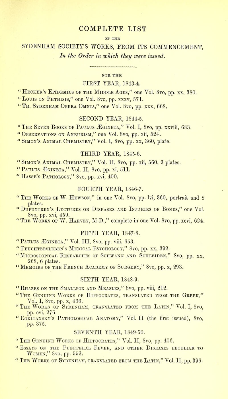 COMPLETE LIST OF THE SYDENHAM SOCIETY’S WORKS, FROM ITS COMMENCEMENT, In the Order in which they were issued. FOR THE FIRST YEAR, 18434. “ Hecker’s Epidemics of the Middle Ages,” one Yol. 8vo, pp. xx, 380. “ Louis on Phthisis,” one Yol. 8vo, pp. xxxv, 571. “ Th. Sydenham Opera Omnia,” one Yol. 8vo, pp. xxx, 668. SECOND YEAR, 1844-5. “ The Seven Books of Paulus aEgineta,” Yol. I, 8vo, pp. xxviii, 683. “ Observations on Aneurism,” one Yol. 8vo, pp. xii, 524. “ Simon’s Animal Chemistry,” Yol. I, 8vo, pp. xx, 360, plate. THIRD YEAR, 1845-6. “ Simon’s Animal Chemistry,” Yol. II, 8vo, pp. xii, 560, 2 plates. “ Paulus A5gineta,” Yol. II, 8vo, pp. xi, 511. “ Hasse’s Pathology,” 8vo, pp. xvi, 400. FOURTH YEAR, 1846-7. “ The Works of W. Hewson,” in one Yol. 8vo, pp. lvi, 360, portrait and 8 plates. “Dupuytren’s Lectures on Diseases and Injuries of Bones,” one Yol. 8vo, pp. xvi, 459. “ The Works of W. Harvey, M.D.,” complete in one Yol. 8vo, pp. xcvi, 624. FIFTH YEAR, 1847-8. “Paulus JEgineta,” Yol. Ill, 8vo, pp. viii, 653. “ Feuchtersleben’s Medical Psychology,” 8vo, pp. xx, 392. “Microscopical Researches of Schwann and Schleiden,” 8vo, pp. xx, 268, 6 plates. “ Memoirs of the French Academy of Surgery,” 8vo, pp. x, 293. SIXTH YEAR, 1848-9. “Rhazes on the Smallpox and Measles,” 8vo, pp. viii, 212. “ The Genuine Works of Hippocrates, translated from the Greek,” Yol. I, 8vo, pp. x, 466. “ The Works of Sydenham, translated from the Latin,” Yol. I, 8vo, pp. cvi, 276. “ Rokitansky’s Pathological Anatomy,” Yol. II (the first issued), 8vo, pp. 375. SEVENTH YEAR, 1849-50. “ The Genuine Works of Hippocrates,” Vol. II, 8vo, pp. 406. “Essays on the Puerperal Fever, and other Diseases peculiar to Women,” 8vo, pp. 552. “ The Works of Sydenham, translated from the Latin,” Yol. II, pp. 396.