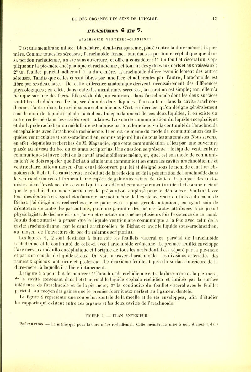 PLANCHES 6 ET 7. ARACHNOÏDE VERTÉBRO-CRANIENNE. C’est une membrane mince, blanchâtre, demi-transparente, placée entre la dure-mère et la pie- mère. Comme toutes les séreuses, l’arachnoïde forme, tant dans sa portion encéphalique que dans sa portion rachidienne, un sac sans ouverture, et offre à considérer: 1 Un feuillet viscéral qui s’ap- plique sur la pie-mère encéphalique et rachidienne, et fournit des gaines aux nerfs et aux vaisseaux ; 2° un feuillet pariétal adhérant à la dure-mère. L’arachnoïde diffère essentiellement des autres séreuses. Tandis que celles-ci sont libres par une face et adhérentes par l’autre, l’arachnoïde est libre par ses deux faces. De cette différence anatomique dérivent nécessairement des différences physiologiques; en elfet, dans toutes les membranes séreuses, la sécrétion est simple; car, elle n’a lieu que sur une des faces. Elle est double, au contraire, dans l’arachnoïde dont les deux surfaces sont libres d’adhérence. De là, sécrétion de deux liquides, l’un contenu dans la cavité arachnoï- dienne, l’autre dans la cavité sous-arachnoïdienne. C’est ce dernier qu’on désigne généralement sous le nom de liquide céphalo-rachidien. Indépendamment de ces deux liquides, il en existe un autre renfermé dans les cavités ventriculaires. La voie de communication du liquide encéphalique et du liquide rachidien ou médullaire est admise par tout le monde, vu la continuité de l’arachnoïde encéphalique avec l’arachnoïde rachidienne. Il en est de même du mode de communication des li- quides ventriculaire et sous-araclinoïdien, connus aujourd’hui de tous les anatomistes. Nous savons, en effet, depuis les recherches de M. Magendie, que cette communication a lieu par une ouverture placée au niveau du bec du calamus scriplorius. Une question se présente : le liquide ventriculaire communique-t-il avec celui de la cavité arachnoïdienne même, et, quel est son mode de communi- cation? Je dois rappeler que Bichat a admis une communication entre les cavités arachnoïdienne et ventriculaire, faite au moyen d’un canal découvert par lui et désigné sous le nom de canal arach- noïdien de Bichat. Ce canal serait le résultat de la réflexion et de la pénétration de l’arachnoïde dans le ventricule moyen et formerait une espèce de gaine aux veines de Galien. La plupart des anato- mistes nient l’existence de ce canal qu’ils considèrent comme purement artificiel et comme n’étant que le produit d’un mode particulier de préparation employé pour le démontrer. Voulant lever tous mes doutes à cet égard et m’assurer par moi-même de l’existence vraie ou fausse du canal de Bichat, j’ai dirigé mes recherches sur ce point avec la plus grande attention, en ayant soin de m’entourer de toutes les paécautions, pour me garantir des mêmes fautes attribuées à ce grand physiologiste. Je déclare ici que j’ai vu et constaté moi-même plusieurs fois l’existence de ce canal. Je suis donc autorisé à penser que le liquide ventriculaire communique à la fois avec celui de la cavité arachnoïdienne, par le canal arachnoïdien de Bichat et avec le liquide sous-arachnoïdien, au moyen de l’ouverture du bec du calamus scriptorius. Les figures 1, 2 sont destinées à faire voir les feuillets viscéral et pariétal de l’arachnoïde rachidienne et la continuité de celle-ci avec l’arachnoïde crânienne. Le premier feuillet enveloppe l’axe nerveux médullo-encéphalique et l’origine de tous les nerfs dont il est séparé par la pie-mère et par une couche de liquide séreux. Ou voit, à travers l’arachnoïde, les divisions artérielles des rameaux spinaux antérieur et postérieur. Le deuxième feuillet tapisse la surface intérieure de la dure-mère, à laquelle il adhère intimement. La figure 3 a pour but de montrer : 1° l’arachnoïde rachidienne entre la dure-mère et la pie-mère; 2° la cavité contenant dans l’état normal le liquide céphalo-rachidien et limitée par la surface intérieure de l’arachnoïde et de la pie-mère; 3° la continuité du feuillet viscéral avec le feuillet pariétal, au moyen des gaines que le premier fournit aux nerfset au ligament dentelé. La figure 4 représente une coupe horizontale de la moelle et de ses enveloppes, afin d’étudier les rapports qui existent entre ces organes et les deux cavités de l’arachnoïde. FIGURE I. — PLAN ANTÉRIEUR. Préparation. — La môme que pour la dure-mère rachidienne. Cette membrane mise à nu, divisez la dans