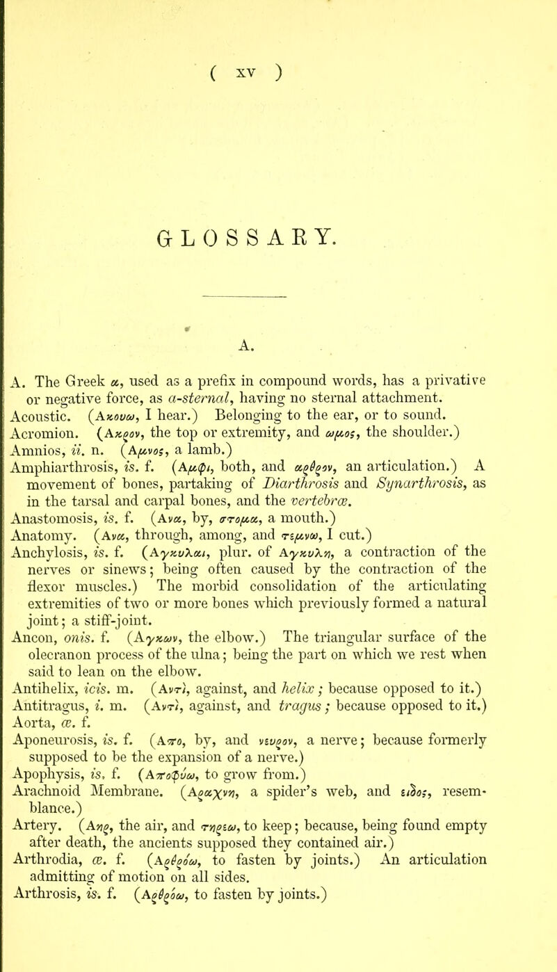 ( ) GLOSSARY. A. A. The Greek a, used as a prefix in compound words, has a privative or negative force, as a-sternal, having no sternal attachment. Acoustic. (Akovco, I hear.) Belonging to the ear, or to sound. Acromion. (Athe top or extremity, and upo?, the shoulder.) Amnios, ii. n. (Apvos, a lamb.) Amphiarthrosis, is. f. (Apqn, both, and et^av, an articulation.) A movement of bones, partaking of Diarthrosis and Synarthrosis, as in the tarsal and carpal bones, and the vertebrae. Anastomosis, is. f. (Ava, by, /tto^cc, a mouth.) Anatomy. (Av«, through, among, and <rs^v<w, I cut.) Anchylosis, is. f. (AyxuXai, plur. of AyxvX'/i, a contraction of the nerves or sinews; being often caused by the contraction of the flexor muscles.) The morbid consolidation of the articulating extremities of two or more bones which previously formed a natural joint; a stiff-joint. Ancon, onis. f. (Ayxuv, the elbow.) The triangular surface of the olecranon process of the ulna; being the part on which we rest when said to lean on the elbow. Antihelix, ids. m. ( Avti, against, and helix; because opposed to it.) Antitragus, i. m. (Avt/, against, and tragus; because opposed to it.) Aorta, ex. f. Aponeurosis, is. f. (ato, by, and viugov, a nerve; because formerly supposed to be the expansion of a nerve.) Apophysis, is. f. (Arotpua, to grow from.) Arachnoid Membrane. (Aa spider’s web, and i&o;, resem- blance.) Artery. (A>?£, the air, and to keep; because, being found empty after death, the ancients supposed they contained air.) Arthrodia, ce. f. (Adoow, to fasten by joints.) An articulation admitting of motion on all sides. Arthrosis, is. f. (A^6^'ou, to fasten by joints.)