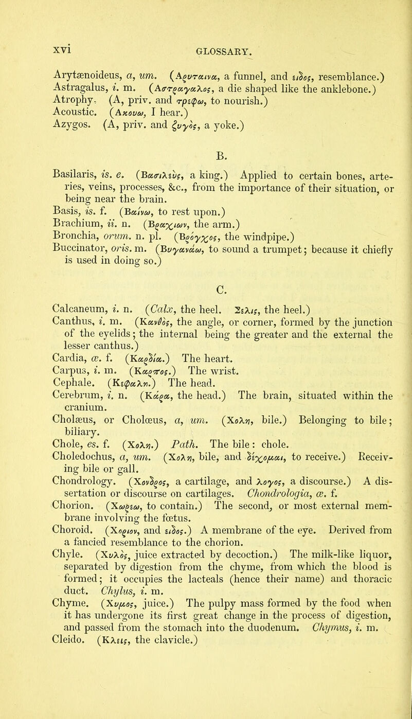 Arytaanoideus, a, um. (Agvr aivu, a funnel, and zibo;, resemblance.) Astragalus, i. m. (A<rrga.ya,Xo;, a die shaped like the anklebone.) Atrophy, (A, priv. and rpzQu, to nourish.) Acoustic. (Akovu, I hear.) Azygos. (A, priv. and gvy«s, a yoke.) B. Basilaris, is. e. (Baa-iXsii;, a king.) Applied to certain bones, arte- ries, veins, processes, &c., from the importance of their situation, or being near the brain. Basis, is. f. (Baivw, to rest upon.) Brachium, ii. n. (B^x^v, the arm.) Bronchia, orum. n. pi. (Booyxo;, the windpipe.) Buccinator, oris. m. (Bvyavaw, to sound a trumpet; because it chiefly is used in doing so.) C. Calcaneum, i. n. (Calx, the heel. 2zXi;, the heel.) Canthus, i. m. (Kocv6o;, the angle, or corner, formed by the junction of the eyelids; the internal being the greater and the external the lesser canthus.) Cardia, ce. f. (KasgSi*.) The heart. Carpus, i. m. (KagTog.) The wrist. Cephale. (Kz(pa.Xn.) The head. Cerebrum, i. n. the head.) The brain, situated within the cranium. Cholseus, or Cholceus, a, um. (XoXri, bile.) Belonging to bile; biliary. Chole, es. f. (Xok'/i.) Path. The bile : chole. Choledochus, a, um. (XoXvi, bile, and 'bzxopui, to receive.) Receiv- ing bile or gall. Chondrology. (Xovb^o;, a cartilage, and Xoyo;, a discourse.) A dis- sertation or discourse on cartilages. Chondrologia, ce. f. Chorion. (Xm^zm, to contain.) The second, or most external mem- brane involving the foetus. Choroid. (Xo^ov, and zilo;.) A membrane of the eye. Derived from a fancied resemblance to the chorion. Chyle. (XvXojuice extracted by decoction.) The milk-like liquor, separated by digestion from the chyme, from which the blood is formed; it occupies the lacteals (hence their name) and thoracic duct. Chylus, i. m. Chyme. (Xvy,o;, juice.) The pulpy mass formed by the food when it has undergone its first great change in the process of digestion, and passed from the stomach into the duodenum. Chymus, i. m. Cleido. (KXu;, the clavicle.)