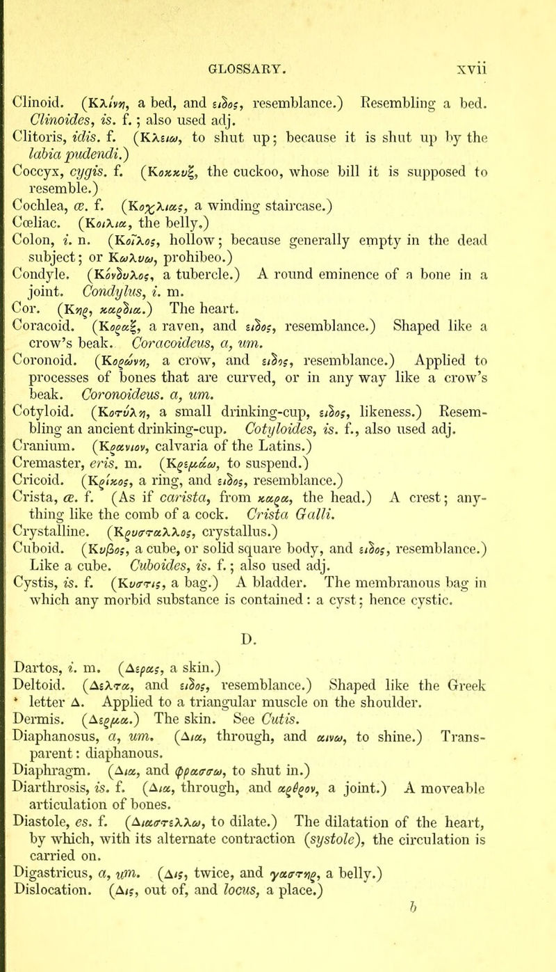 Clinoid. (Kxlvti, a bed, and z3o;, resemblance.) Resembling a bed. Clinoides, is. f.; also used adj. Clitoris, idis. f. (Kas/w, to shut up; because it is shut up by the labia pudendi.) Coccyx, cygis. f. (Koxxu%, the cuckoo, whose bill it is supposed to resemble.) Cochlea, ce. f. (Ko^A/a?, a winding staircase.) Cceliac. (Ko/A/a, the belly.) Colon, i. n. (Ko7ko$, hollow; because generally empty in the dead subject; or KmXv&j, prohibeo.) Condyle. (KovlvXo?, a tubercle.) A round eminence of a bone in a joint. Gondylus, i. m. Cor. (K»?g, The heart. Coracoid. (Ko^a|, a raven, and ziboc, resemblance.) Shaped like a crow’s beak. Coracoideus, a, um. Coronoid. (Kogavyi, a crow, and zitig, resemblance.) Applied to processes of bones that are curved, or in any way like a crow’s beak. Coronoideus. a, um. Cotyloid. (Koruny, a small drinking-cup, u}os, likeness.) Resem- bling an ancient drinking-cup. Cotyloides, is. f., also used adj. Cranium. (Koaviov, calvaria of the Latins.) Cremaster, eris. m. (Kgzpaw, to suspend.) Cricoid. (Kq'ixos, a ring, and u%o$, resemblance.) Crista, ce. f. (As if carista, from the head.) A crest; any- thing like the comb of a cock. Crista Galli. Crystalline. (KgutrraXXos, crystallus.) Cuboid. (Ky/3os, a cube, or solid square body, and itbos, resemblance.) Like a cube. Cuboides, is. f.; also used adj. Cystis, is. f. (Kutrns, a bag.) A bladder. The membranous bag in which any morbid substance is contained: a cyst; hence cystic. D. Dartos, i. m. (Azpa.?, a skin.) Deltoid. (AsAra, and ulo?, I’esemblance.) Shaped like the Greek * letter A. Applied to a triangular muscle on the shoulder. Dermis. (As^a.) The skin. See Cutis. Diaphanosus, a, um. (A/a, through, and a/v&/, to shine.) Trans- parent: diaphanous. Diaphragm. (A/a, and typour/Tu, to shut in.) Diarthrosis, is. f. (A/a, through, and a^ov, a joint.) A moveable articulation of bones. Diastole, es. f. (A/aarsAA/y, to dilate.) The dilatation of the heart, by which, with its alternate contraction (systole), the circulation is carried on. Digastrieus, a, «m. (a/j, twice, and yuffryg, a belly.) Dislocation. (A/?, out of, and locus, a place.) b