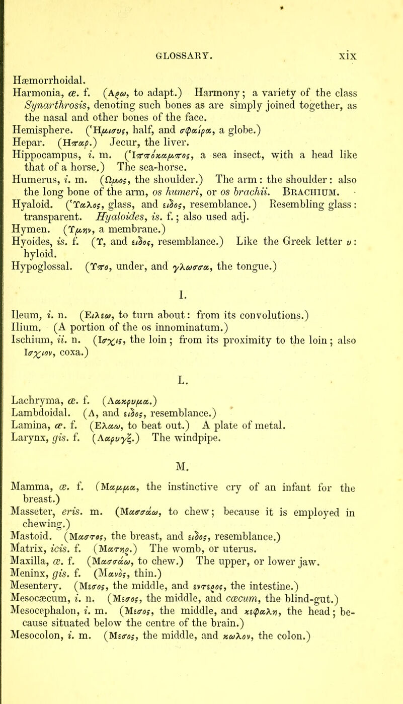 Hemorrhoidal. Harmonia, ce. f. to adapt.) Harmony; a variety of the class Synarthrosis, denoting such bones as are simply joined together, as the nasal and other bones of the face. Hemisphere. ('Hy.i<rv?, half, and ucpaipa, a globe.) Hepar. (Htrap.) Jecur, the liver. Hippocampus, i. m. a sea insect, with a head like that of a horse.) The sea-horse. Humerus, i. m. the shoulder.) The arm: the shoulder: also the long bone of the arm, os humeri, or os brachii. Brachium. Hyaloid. ('TaAoj, glass, and u^os, resemblance.) Resembling glass : transparent. Hyaloides, is. f.; also used adj. Hymen. a membrane.) Hyoides, is. f. (T, and resemblance.) Like the Greek letter v: hyloid. Hypoglossal. (T<xo, under, and yXufftra., the tongue.) 1. Ileum, i. n. (EiXiw, to turn about: from its convolutions.) Ilium. (A portion of the os innominatum.) Ischium, ii. n. the loin; from its proximity to the loin; also Ifffciov, coxa.) L. Lachryma, as. t. (Aaxpuya.') Lambdoidal. (A, and u}o;, resemblance.) Lamina, ce. f. (EXa/v, to beat out.) A plate of metal. Larynx, gis. f. (Aupuy%.) The windpipe. M. Mamma, ce. f. (Mayya., the instinctive cry of an infant for the breast.) Masseter, eris. m. (Moanrccu, to chew; because it is employed in chewing.) Mastoid. (Mearres, the breast, and resemblance.) Matrix, ids. f. (Mccrvo.) The womb, or uterus. Maxilla, ce. f. to chew.) The upper, or lower jaw. Meninx, gis. f. (Mavo?, thin.) Mesentery. (M nr os, the middle, and ivngo;, the intestine.) Mesocaecum, i. n. (Muros, the middle, and caecum, the blind-gut.) Mesocephalon, i. m. (;, the middle, and 3ci<pu.\n, the head; be- cause situated below the centre of the brain.) Mesocolon, i. m. (Mz<ro;, the middle, and xukov, the colon.)