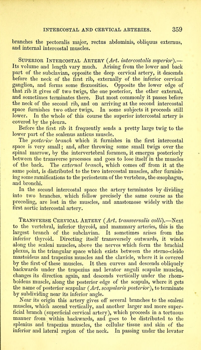 branches the pectoralis major, rectus abdominis, obliquus externus, and internal intercostal muscles. Superior Intercostal Artery (Art. intercostalis superior).— Its volume and length vary much. Arising from the lower and back part of the subclavian, opposite the deep cervical artery, it descends before the neck of the first rib, externally of the inferior cervical ganglion, and forms some flexuosities. Opposite the lower edge of that rib it gives off two twigs, the one posterior, the other external, and sometimes terminates there. But most commonly it passes before the neck of the second rib, and on arriving at the second intercostal space furnishes two other twigs. In some subjects it proceeds still lower. In the whole of this course the superior intercostal artery is covered by the pleura. Before the first rib it frequently sends a pretty large twig to the lower part of the scalenus anticus muscle. The posterior branch which it furnishes in the first intercostal space is very small; and, after throwing some small twigs over the spinal marrow, by the intervertebral foramen, it emerges posteriorly between the transverse processes and goes to lose itself in the muscles of the back. The external branch, which comes off from it at the same point, is distributed to the two intercostal muscles, after furnish- ing some ramifications to the periosteum of the vertebrae, the oesophagus, and bronchi. In the second intercostal space the artery terminates by dividing into two branches, which follow precisely the same course as the preceding, are lost in the muscles, and anastomose widely with the first aortic intercostal artery. Transverse Cervical Artery (Art. transversalis colli).—Next to the vertebral, inferior thyroid, and mammary arteries, this is the largest branch of the subclavian. It sometimes arises from the inferior thyroid. Directing itself transversely outwards, it winds along the scaleni muscles, above the nerves which form the brachial plexus, in the triangular space which exists between the sterno-cleido mastoideus and trapezius muscles and the clavicle, where it is covered by the first-of these muscles. It then curves and descends obliquely backwards under the trapezius and levator anguli scapulae muscles, changes its direction again, and descends vertically under the rhom- boideus muscle, along the posterior edge of the scapula, where it gets the name of posterior scapular (Art. scapularis posterior), to terminate by subdividing near its inferior angle. Near its origin this artery gives off several branches to the scaleni muscles, which ascend vertically, and another larger and more super- ficial branch (superficial cervical artery), which proceeds in a tortuous manner from within backwards, and goes to be distributed to the splenius and trapezius muscles, the cellular tissue and skin of the inferior and lateral region of the neck. In passing under the levator
