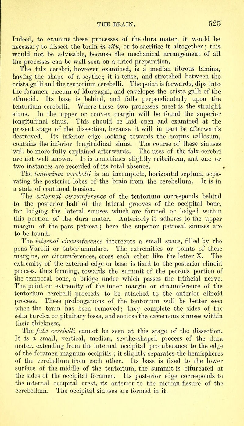 Indeed, to examine these processes of the dura mater, it would be necessary to dissect the brain in situ, or to sacrifice it altogether ; this would not be advisable, because the mechanical arrangement of all the processes can be well seen on a dried preparation. The falx cerebri, however examined, is a median fibrous lamina, having the shape of a scythe; it is tense, and stretched between the crista galli and the tentorium cerebelli. The point is forwards, dips into the foramen ccecum of Morgagni, and envelopes the crista galli of the ethmoid. Its base is behind, and falls perpendicularly upon the tentorium cerebelli. Where these two processes meet is the straight sinus. In the upper or convex margin will be found the superior longitudinal sinus. This should be laid open and examined at the present stage of the dissection, because it will in part be afterwards destroyed. Its inferior edge looking towards the corpus callosum, contains the inferior longitudinal sinus. The course of these sinuses will be more fully explained afterwards. The uses of the falx cerebri are not well known. It is sometimes slightly cribriform, and one or two instances are recorded of its total absence. , The tentorium cerebelli is an incomplete, horizontal septum, sepa- rating the posterior lobes of the brain from the cerebellum. It is in a state of continual tension. The external circumference of the tentorium corresponds behind to the posterior half of the lateral grooves of the occipital bone, for lodging the lateral sinuses which are formed or lodged within this portion of the dura mater. Anteriorly it adheres to the upper margin of the pars petrosa; here the superior petrosal sinuses are to be found. The internal circumference intercepts a small space, filled by the pons Varolii or tuber annulare. The extremities or points of these margins, or circumferences, cross each other like the letter X. The extremity of the external edge or base is fixed to the posterior clinoid process, thus forming, towards the summit of the petrous portion of the temporal bone, a bridge under which passes the trifacial nerve. The point or extremity of the inner margin or circumference of the tentorium cerebelli proceeds to be attached to the anterior clinoid process. These prolongations of the tentorium will be better seen when the brain has been removed; they complete the sides of the sella turcica or pituitary fossa, and enclose the cavernous sinuses within their thickness. The falx cerebelli cannot be seen at this stage of the dissection. It is a small, vertical, median, scythe-shaped process of the dura mater, extending from the internal occipital protuberance to the edge of the foramen magnum occipitis ; it slightly separates the hemispheres of the cerebellum from each other. Its base is fixed to the lower surface of the middle of the tentorium, the summit is bifurcated at the sides of the occipital foramen. Its posterior edge corresponds to the internal occipital crest, its anterior to the median fissure of the cerebellum. The occipital sinuses are formed in it.