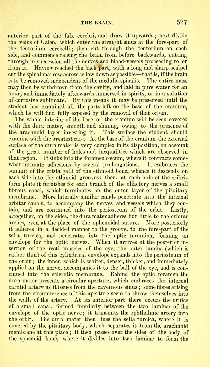 anterior part of the falx cerebri, and draw it upwards; next divide the veins of Galen, which enter the straight sinus at the fore-part of the tentorium cerebelli; then cut through the tentorium on each side, and commence raising the brain from before backwards, cutting through in succession all the nerves and blood-vessels proceeding to or from it. Having reached the back part, with a long and sharp scalpel cut the spinal marrow across as low down as possible—that is, if the brain is to be removed independent of the medulla spinalis. The entire mass may then be withdrawn from the cavity, and laid in pure water for an hour, and immediately afterwards immersed in spirits, or in a solution of corrosive sublimate. By this means it may be preserved until the student has examined all the parts left on the base of the cranium, which he will find fully exposed by the removal of that organ. The whole interior of the base of the cranium will be seen covered with the dura mater, smooth and shining, owing to the presence of the arachnoid layer investing it. This surface the student should examine with the greatest care. At the base of the cranium the external surface of the dura mater is very complex in its disposition, on account of the great number of holes aud inequalities which are observed in that region. It sinks into the foramen ccecum, where it contracts some- what intimate adhesions by several prolongations. It embraces the summit of the crista galli of the ethmoid bone, whence it descends on each side into the ethmoid grooves: then, at each hole of the cribri- form plate it furnishes for each branch of the olfactory nerves a small fibrous canal, which terminates on the outer layer of the pituitary membrane. More laterally similar canals penetrate into the internal orbitar canals, to accompany the nerves and vessels which they con- tain, and are continued into the periosteum of the orbit. Lastly, altogether, on the sides, the dura mater adheres but little to the orbitar arches, even at the place of the sphenoidal suture. More posteriorly it adheres in a decided manner to the groove, to the fore-part of the sella turcica, and penetrates into the optic foramina, forming an envelope for the optic nerves. When it arrives at the posterior in- sertion of the recti muscles of the eye, the outer lamina (which is rather thin) of this cylindrical envelope expands into the periosteum of the orbit; the inner, which is whiter, denser, thicker, and immediately applied on the nerve, accompanies it to the ball of the eye, and is con- tinued into the sclerotic membrane. Behind the optic foramen the dura mater presents a circular aperture, which embraces the internal carotid artery as it issues from the cavernous sinus; some fibres arising from the circumference of this aperture seem to throw themselves into the walls of the artery. At its anterior part there occurs the orifice of a small canal, formed inferiorly between the two laminae of the envelope of the optic nerve; it transmits the ophthalmic artery into the orbit. The dura mater then lines the sella turcica, where it is covered by the pituitary body, which separates it from the arachnoid membrane at this place ; it then passes over the sides of the body of the sphenoid bone, where it divides into two laminae to form the