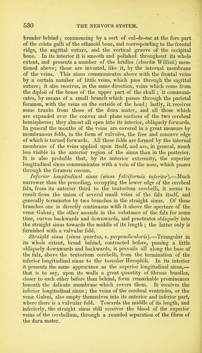 broader behind ; commencing by a sort of cul-de-sac at the fore part of the crista galli of the ethmoid bone, and corresponding to the frontal ridge, the sagittal suture, and the vertical groove of the occipital bone. In its interior it is smooth and polished throughout its whole extent, and presents a number of the bridles (chordse Willisii) men- tioned above; these are invested, like it, by the internal membrane of the veins. This sinus communicates above with the frontal veins by a certain number of little veins, which pass through the sagittal suture; it also receives, in the same direction, veins which come from the diploe of the bones of the upper part of the skull ; it communi- cates, by means of a small branch which passes through the parietal foramen, with the veins on the outside of the head; lastly, it. receives some trunks from those of the dura mater, and all those which are expanded over the convex and plane surfaces of the two cerebral hemispheres; they almost all open into its interior, obliquely forwards. In general the mouths of the veins are covered in a great measure by membranous folds, in the form of valvules, the free and concave edge of which is turned forwards. All these folds are formed by the internal membrane of the veins applied upon itself, and are, in general, much less visible in the anterior region of the sinus than in the posterior. It is also probable that, by its anterior extremity, the superior longitudinal sinus communicates with a vein of the nose, which passes through the foramen ccecum. Inferior longitudinal sinus (sinus falciformis inferior).—Much narrower than the preceding, occupying the lower edge of the cerebral falx, from its anterior third to the tentorium cerebelli, it seems to result from the union of several small veins of the falx itself, and generally terminates by two branches in the straight sinus. Of these branches one is directly continuous with it above the aperture of the venae Galeni; the other ascends in the substance of the falx for some time, curves backwards and downwards, and penetrates obliquely into the straight siuus towards the middle of its length ; the latter only is furnished with a valvular fold. Straight sinus (sinus quartus, s. perpendicularis).—Triangular in its whole extent, broad behind, contracted before, passing a little obliquely downwards and backwards, it prevails all along the base of the falx, above the tentorium cerebelli, from the termination of the inferior longitudinal sinus to the torcular Herophili. In its interior it presents the same appearance as the superior longitudinal sinus,— that is to say, upon its walls a great quantity of fibrous bundles, closer to each other before than behind, form remarkable prominences beneath the delicate membrane which covers them. It receives the inferior longitudinal sinus ; the veins of the cerebral ventricles, or the venae Galeni, also empty themselves into its anterior and inferior part, where there is a valvular fold. Towards the middle of its length, and interiorly, the straight sinus still receives the blood of the superior veins of the cerebellum, through a rounded separation of the fibres of the dura mater.